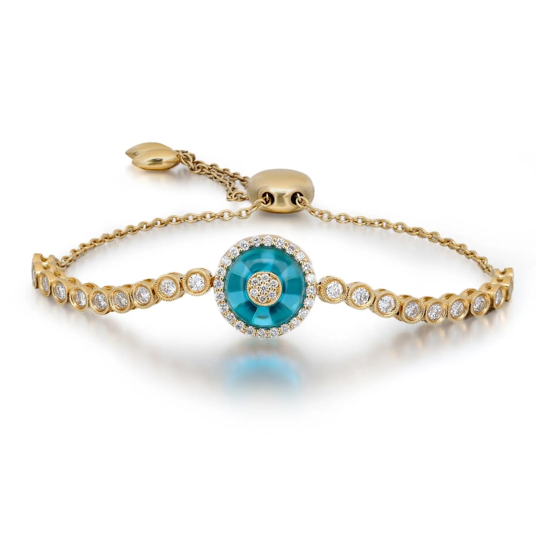 Rachel Koen 18K Yellow Gold Evil Eye Diamond Bolo Bracelet 1.10ctw: Rachel Koen 18K Yellow Gold Evil Eye Diamond Bolo Bracelet 1.10ctw Elevate your accessory collection with this exquisite Round Cut Diamond Evil Eye Bolo Bracelet, crafted in luxurious 18K yellow gold.