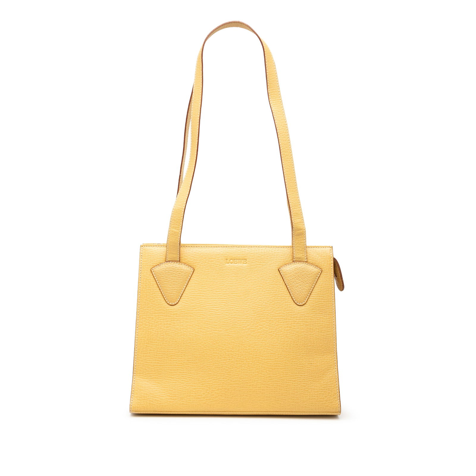 LOEWE Yellow Leather Tote Bag with Zip Closure: LOEWE Yellow Leather Tote Bag with Zip Closure Introducing the LOEWE Leather Tote, a stylish and functional accessory that combines luxury with practicality. This tote bag is crafted from high-quality