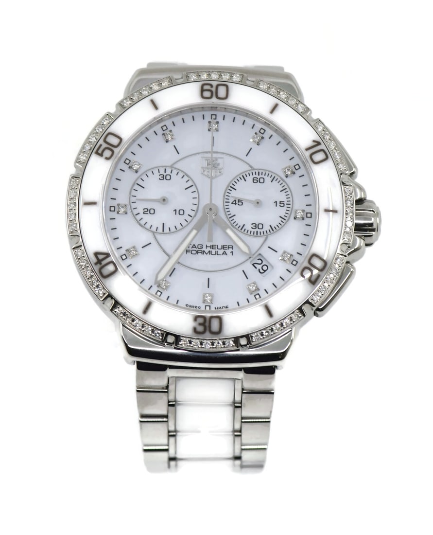 TAG Heuer Formula 1 Diamond Bezel Ceramic Stainless Steel Watch CAH1213: TAG Heuer Formula 1 Diamond Bezel Ceramic Stainless Steel Watch CAH1213 This TAG Heuer Formula 1 wristwatch combines precision and style, featuring a durable ceramic stainless steel case and band. The