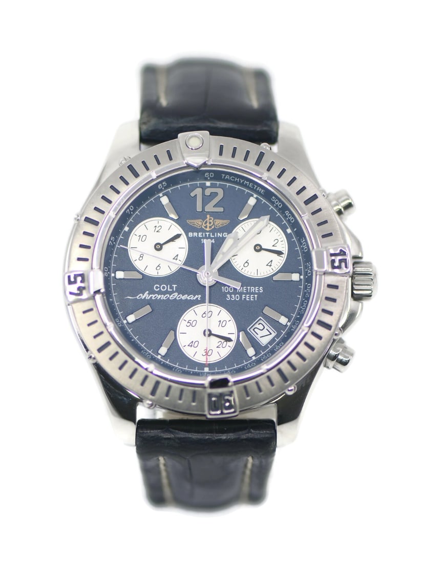 Breitling Colt Chronograph Stainless Steel Watch A53050 Blue Dial: Breitling Colt Chronograph Stainless Steel Watch A53050 Blue Dial This stylish Breitling Colt Chronograph wristwatch features a durable stainless steel case measuring 38mm. The elegant blue dial is co