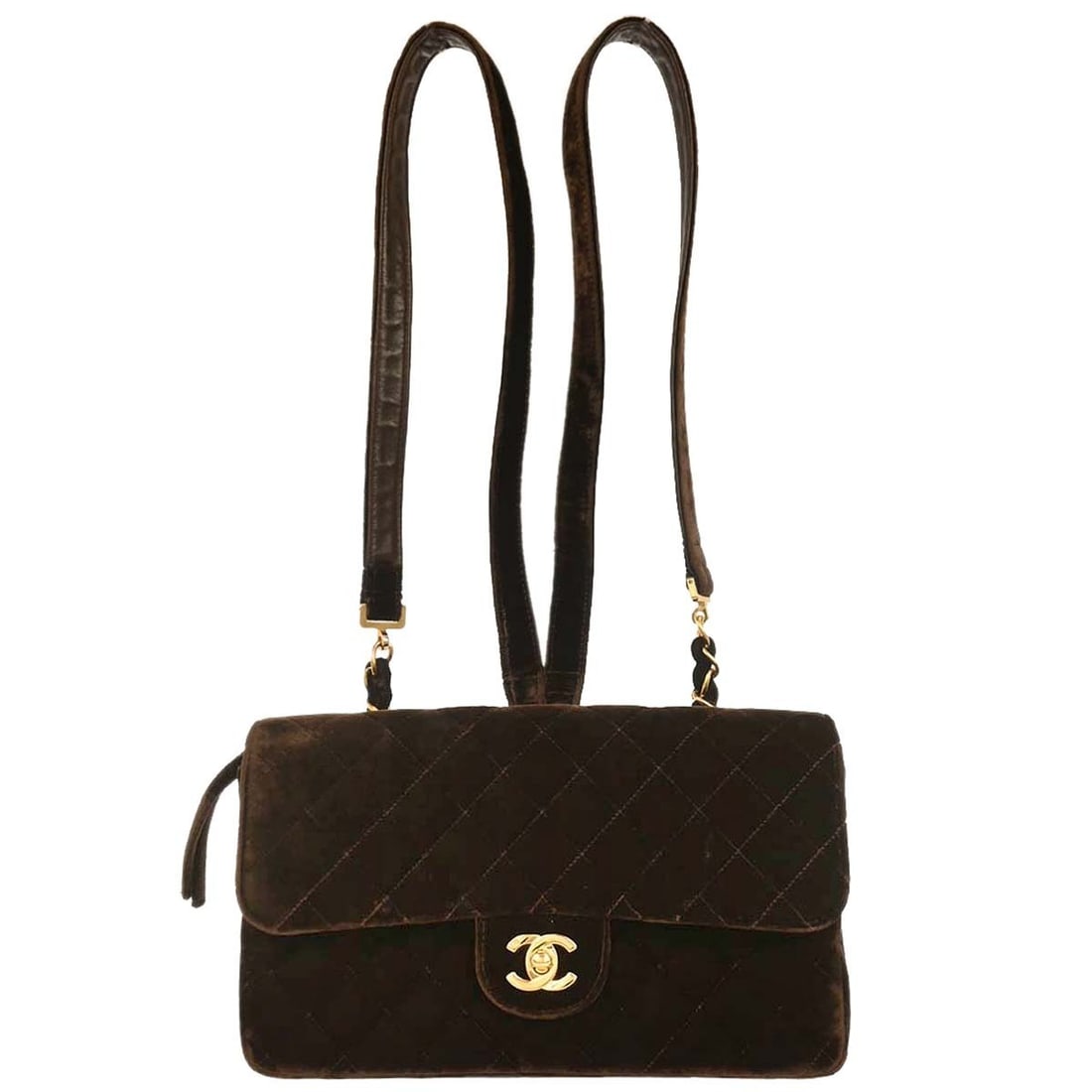 Chanel Brown Velvet Quilted Chain Backpack Casual Style: Chanel Brown Velvet Quilted Chain Backpack Casual Style This Chanel Brown Velvet Chain Backpack combines luxury and practicality, making it perfect for casual occasions. Crafted from rich velvet with