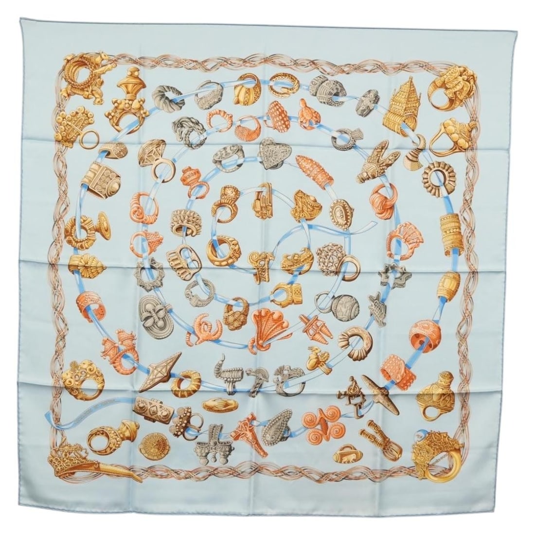 HERMES Carre 90 Scarf Alliances Du Monde Light Blue Silk Auth: HERMES Carre 90 Scarf Alliances Du Monde Light Blue Silk Auth Elevate your accessory collection with this stunning HERMES Carre 90 Scarf titled "ALLIANCES DU MONDE". Crafted in France from luxurious s