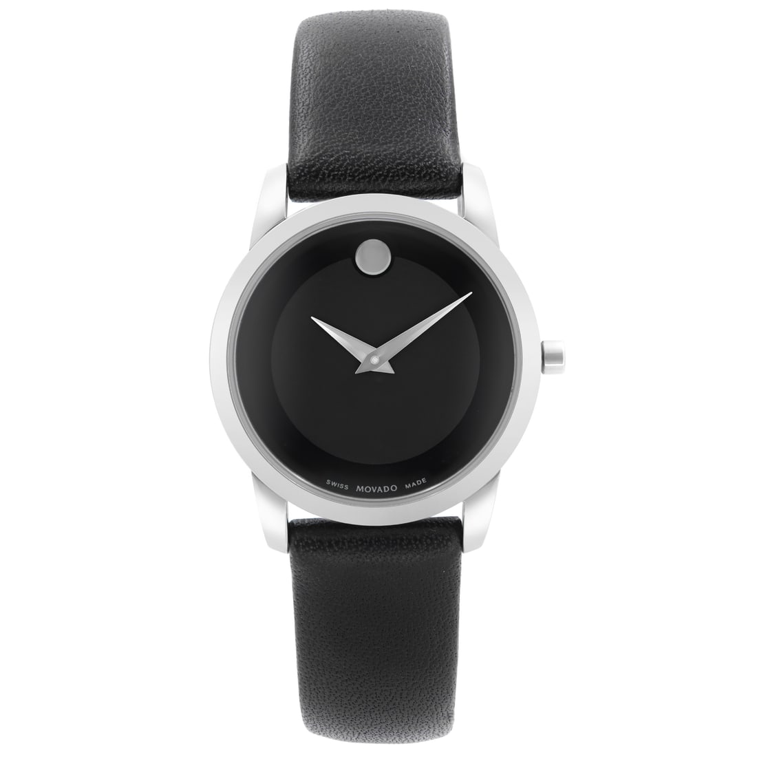 Movado 0606503 Ladies Watch Black Dial Leather Strap Swiss Quartz: Movado 0606503 Ladies Watch Black Dial Leather Strap Swiss Quartz The Movado Museum Ladies Watch combines elegance and casual style, featuring a striking black dial with non-numeric hour marks. This w