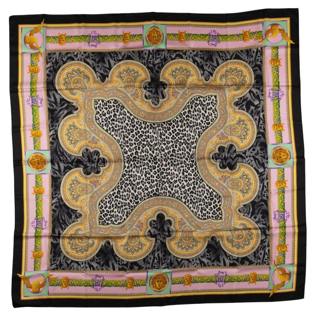 Gianni Versace Vintage Medusa Leopard Silk Shawl 54in Italy: Gianni Versace Vintage Medusa Leopard Silk Shawl 54in Italy Elevate your style with this exquisite Versace Vintage Medusa and Leopard Silk Shawl, a luxurious accessory that showcases iconic Italian cr