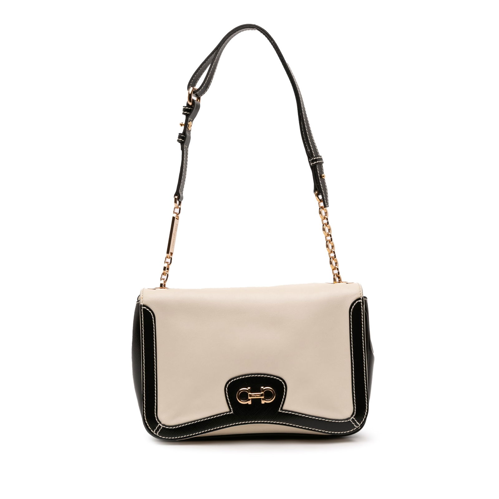 Ferragamo White Leather Double Gancini Shoulder Bag Italy: Ferragamo White Leather Double Gancini Shoulder Bag Italy This elegant Ferragamo Leather Double Gancini Shoulder Bag showcases a refined leather body complemented by an adjustable leather and chain li