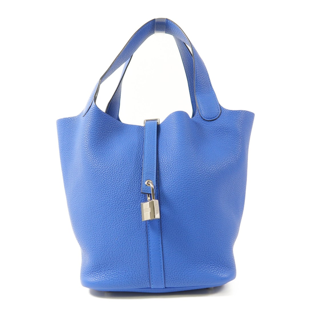 HERMES Picotin MM Handbag Blue Clemence Leather PHW: HERMES Picotin MM Handbag Blue Clemence Leather PHW Introducing the Hermes Picotin MM Handbag, crafted from high-quality Clemence leather in a stunning blue hue. This stylish handbag measures 8.7 inch