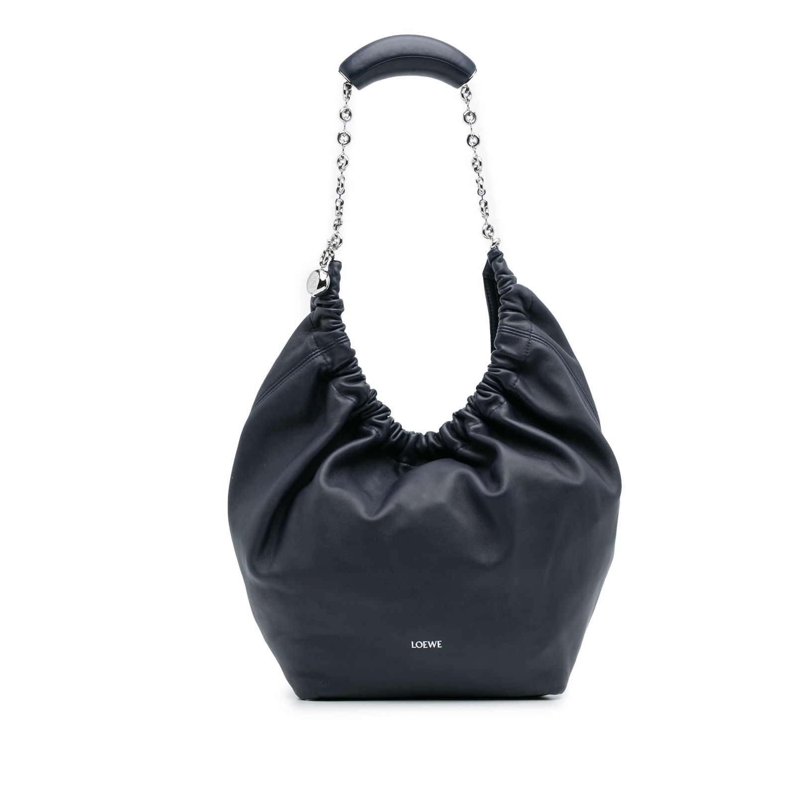 LOEWE Small Mellow Nappa Lambskin Blue Squeeze Bag with Chain Strap: LOEWE Small Mellow Nappa Lambskin Blue Squeeze Bag with Chain Strap The LOEWE Small Mellow Nappa Lambskin Squeeze Bag combines elegance with practicality, featuring a soft leather body in a stunning b