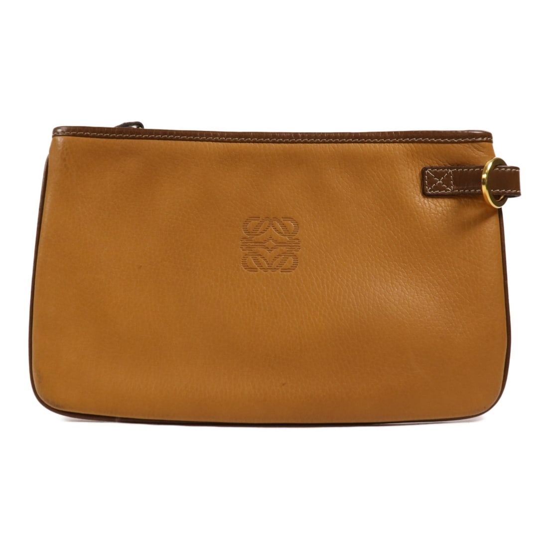 LOEWE Pouch Brown Calfskin Leather GHW: LOEWE Pouch Brown Calfskin Leather GHW This elegant LOEWE pouch is crafted from luxurious calfskin leather in a rich brown hue. Designed for versatility, it features a compact size ideal for storing e