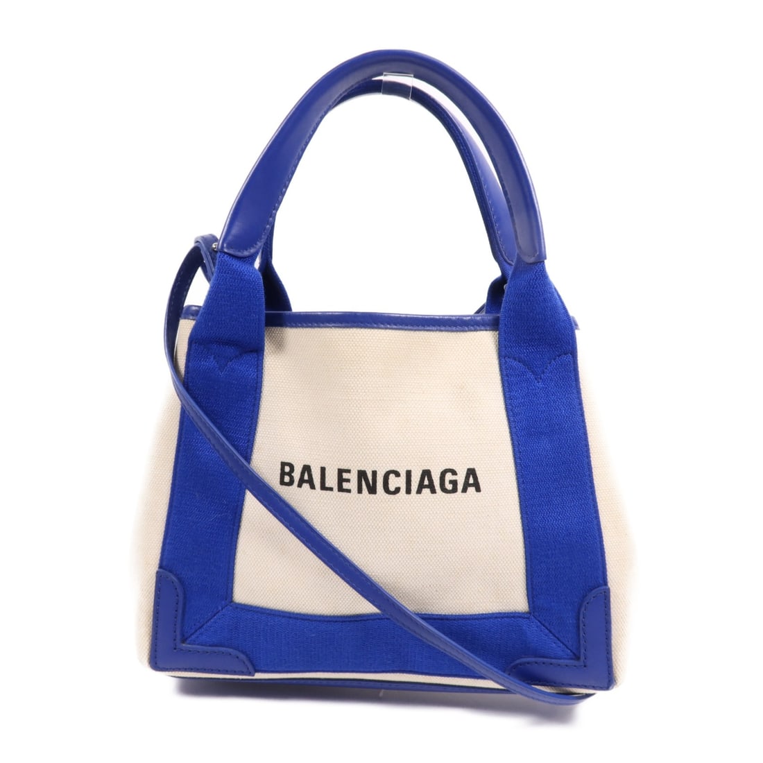 BALENCIAGA Blue Canvas 2 Way Shoulder Bag SHW: BALENCIAGA Blue Canvas 2 Way Shoulder Bag SHW This Balenciaga Cabas 2 Way Shoulder Bag combines style and functionality in a sleek blue canvas design. Perfect for everyday use, it features a spacious