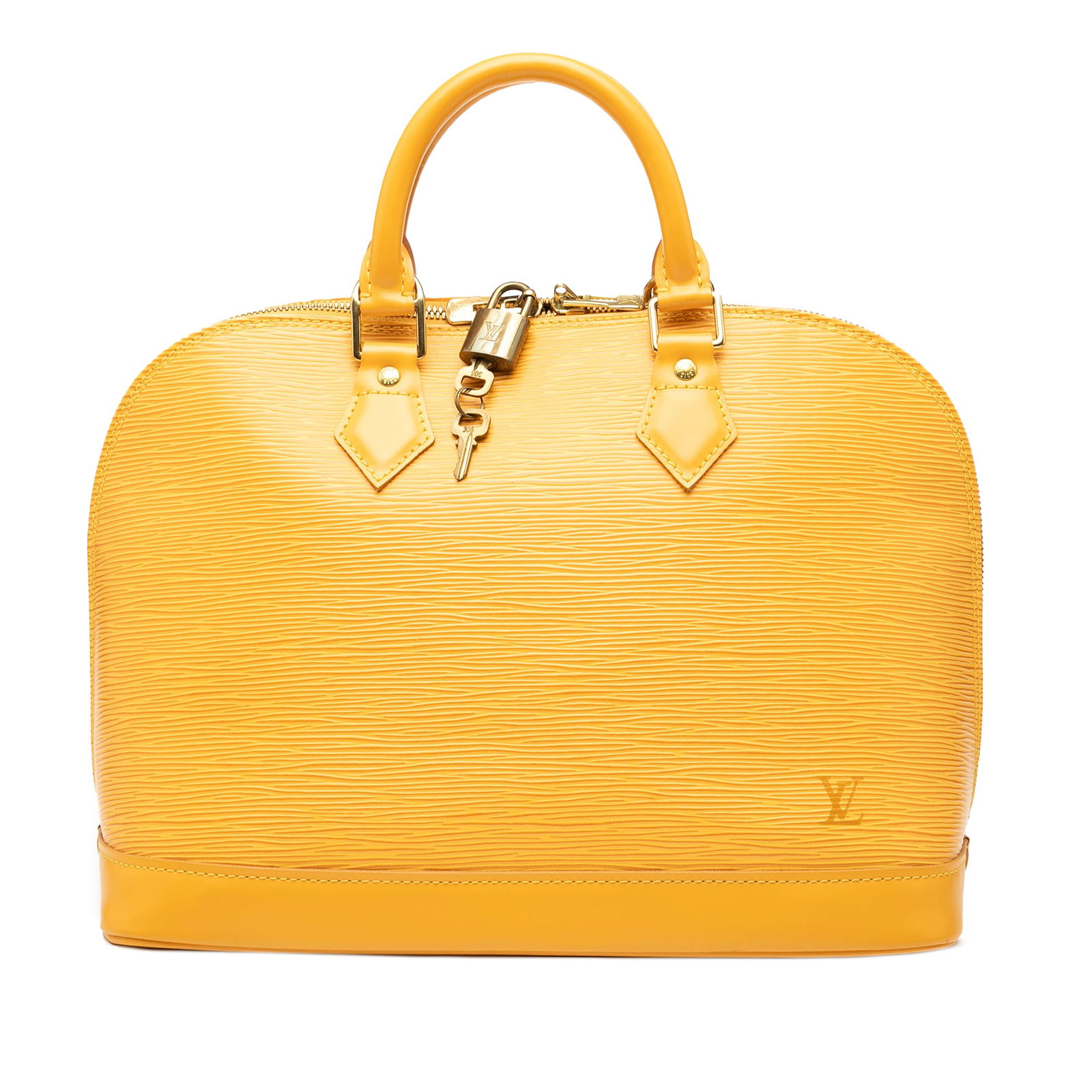 Louis Vuitton Epi Alma PM Yellow Leather Handbag: Louis Vuitton Epi Alma PM Yellow Leather Handbag The Louis Vuitton Epi Alma PM is a stylish handbag crafted from durable epi leather. This elegant piece features rolled handles for comfortable carryin