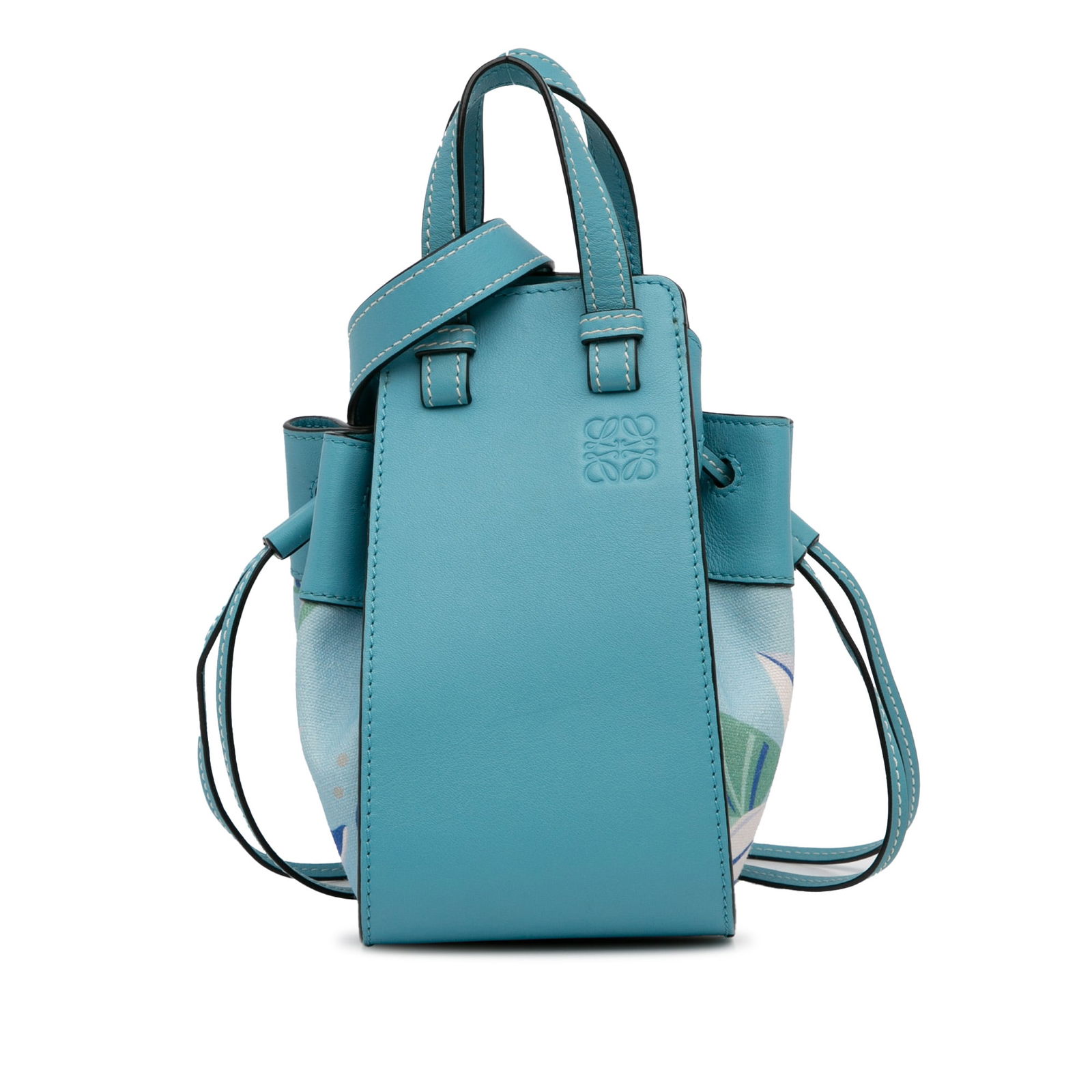 LOEWE Paula's Ibiza Mini Hammock Blue Leather Satchel: LOEWE Paula's Ibiza Mini Hammock Blue Leather Satchel Introducing the LOEWE Paula's Ibiza Mini Hammock, a stylish and functional satchel crafted from premium printed leather. This exquisite bag featur