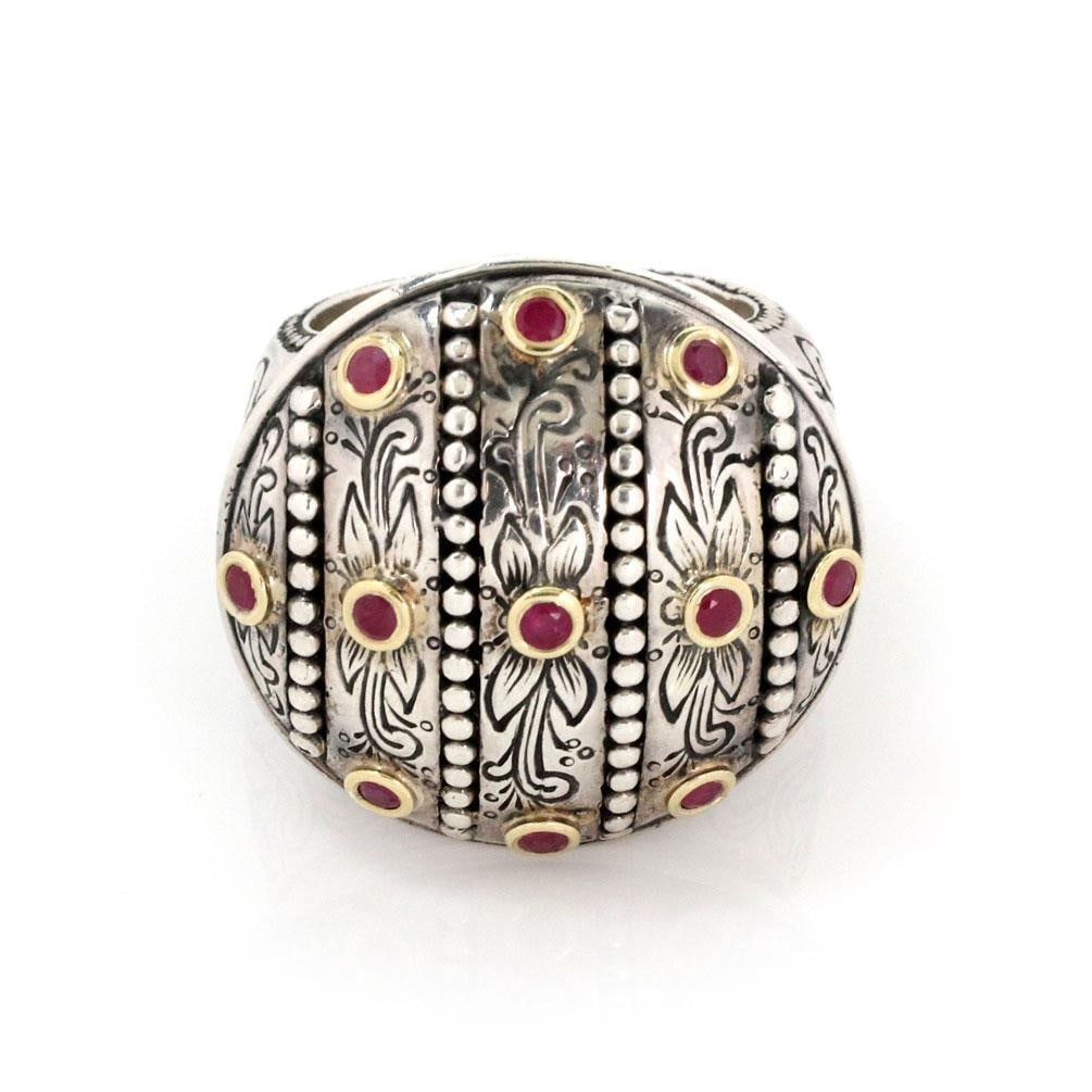 Konstantino Floral Ruby Ring Sterling Silver 18k Gold Size 7: Konstantino Floral Ruby Ring Sterling Silver 18k Gold Size 7 This exquisite ring by designer Konstantino showcases a stunning blend of materials and craftsmanship. Crafted from sterling silver and acc