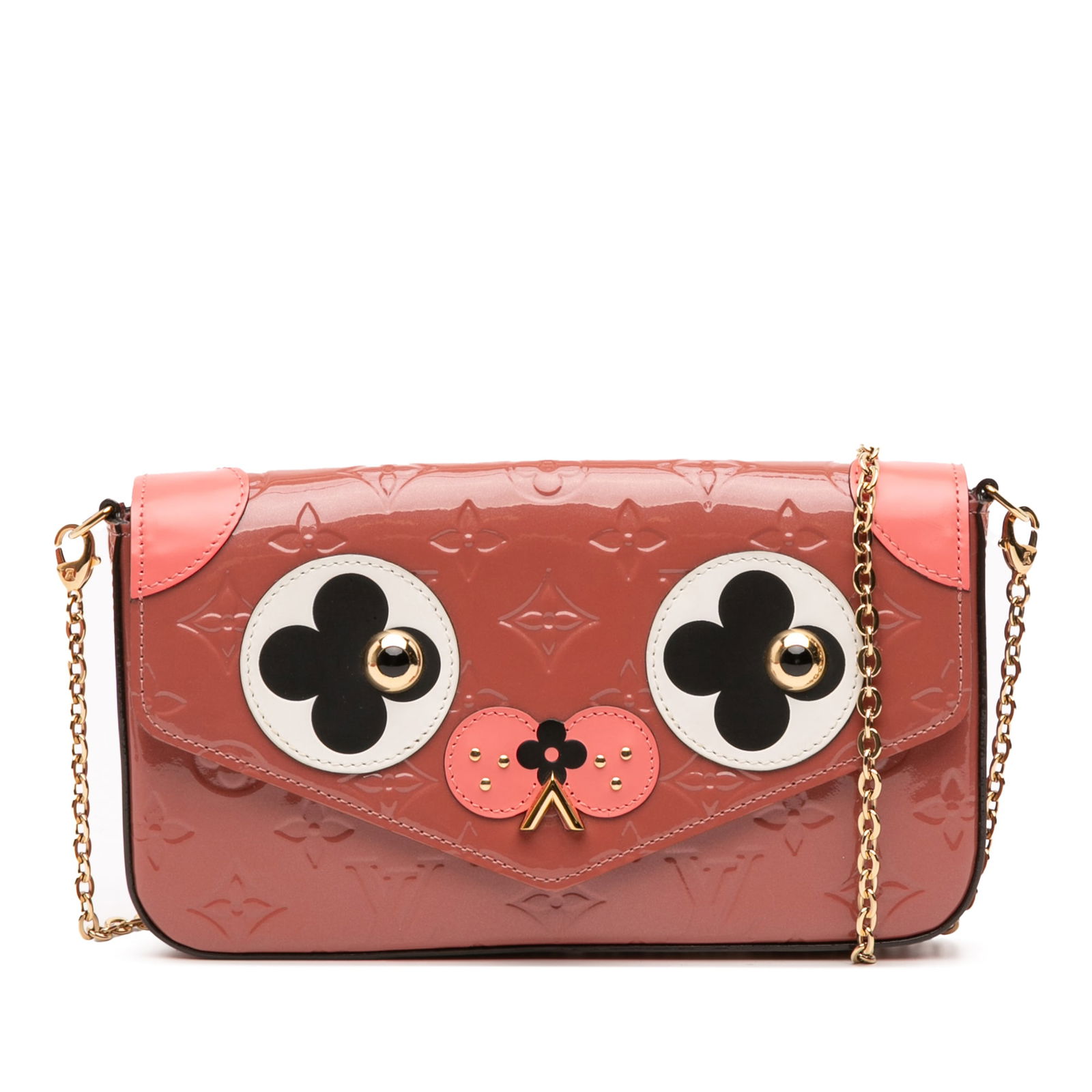 Louis Vuitton Monogram Vernis Pochette Felicie Dog Pink Bag: Louis Vuitton Monogram Vernis Pochette Felicie Dog Pink Bag The Louis Vuitton Monogram Vernis Pochette Felicie features a striking pink leather body adorned with a unique dog design. This stylish bag