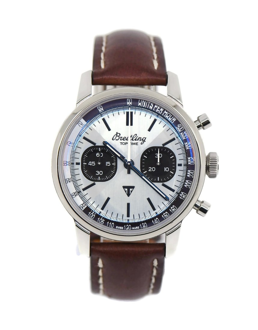 Breitling Top Time Triumph Chronograph Stainless Steel Watch AB0176 with Box and Papers: Breitling Top Time Triumph Chronograph Stainless Steel Watch AB0176 with Box and Papers The Breitling Top Time Triumph Chronograph is a stunning wristwatch crafted from durable stainless steel, featur