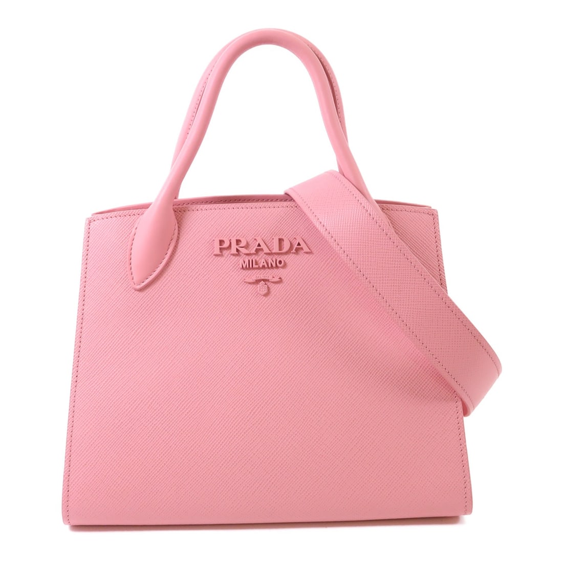 PRADA Monochrome 2 Way Shoulder Bag BA156 Calfskin Leather Pink: PRADA Monochrome 2 Way Shoulder Bag BA156 Calfskin Leather Pink Introducing the PRADA Monochrome 2 Way Shoulder Bag, a stylish accessory crafted from high-quality calfskin leather in a beautiful pink