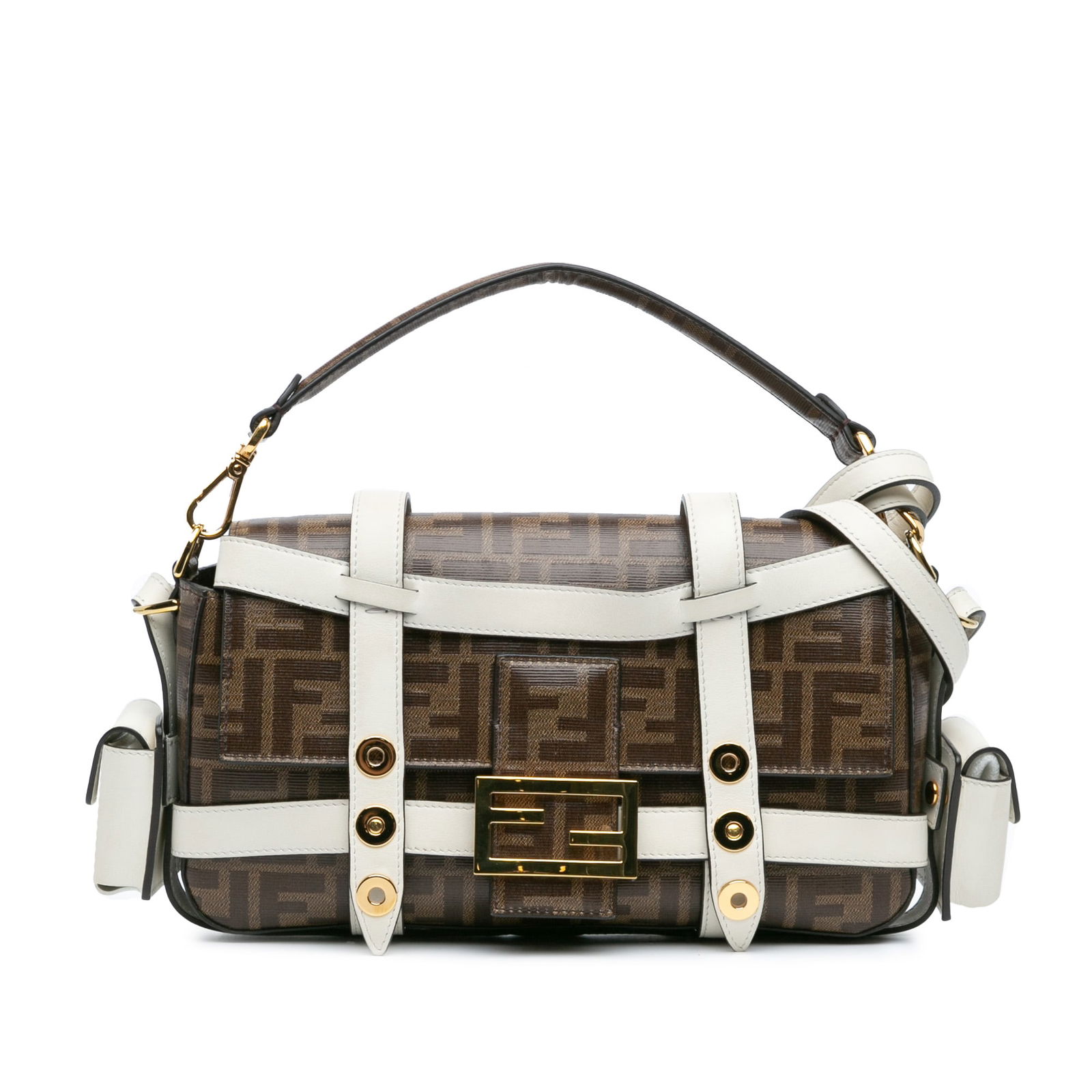 Fendi Zucca Glazed Fabric Cage Baguette Satchel Brown Fabric: Fendi Zucca Glazed Fabric Cage Baguette Satchel Brown Fabric Introducing the Fendi Zucca Glazed Fabric Cage Baguette Satchel, a stylish accessory crafted from coated canvas with luxurious leather trim