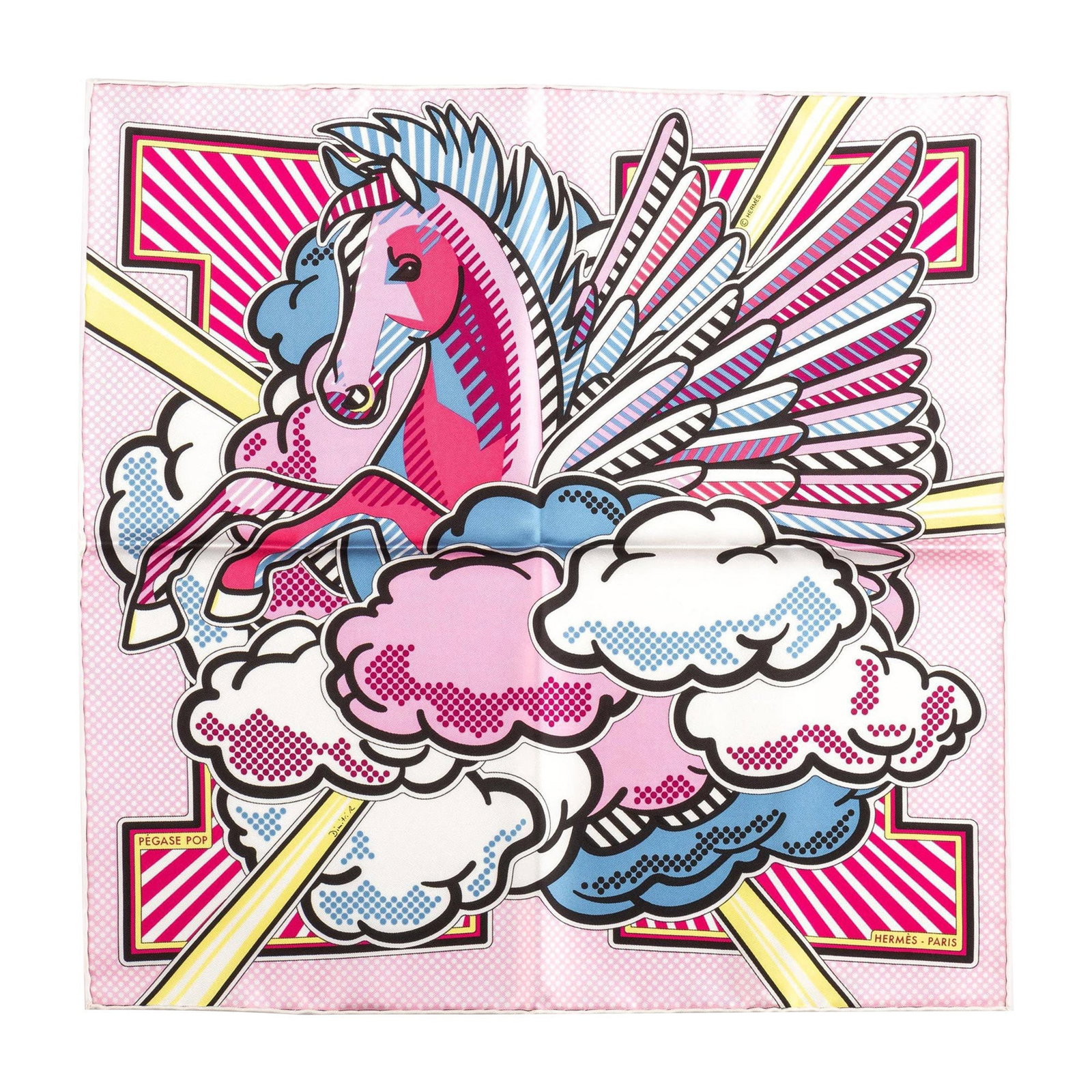 Hermes Limited Edition Pegase Pop Silk Gavroche Scarf New in Box: Hermes Limited Edition Pegase Pop Silk Gavroche Scarf New in Box This exquisite Hermes Limited Edition Pegase Pop Silk Gavroche Scarf showcases a unique design by Dimitri Rybalchenko. Crafted from lux