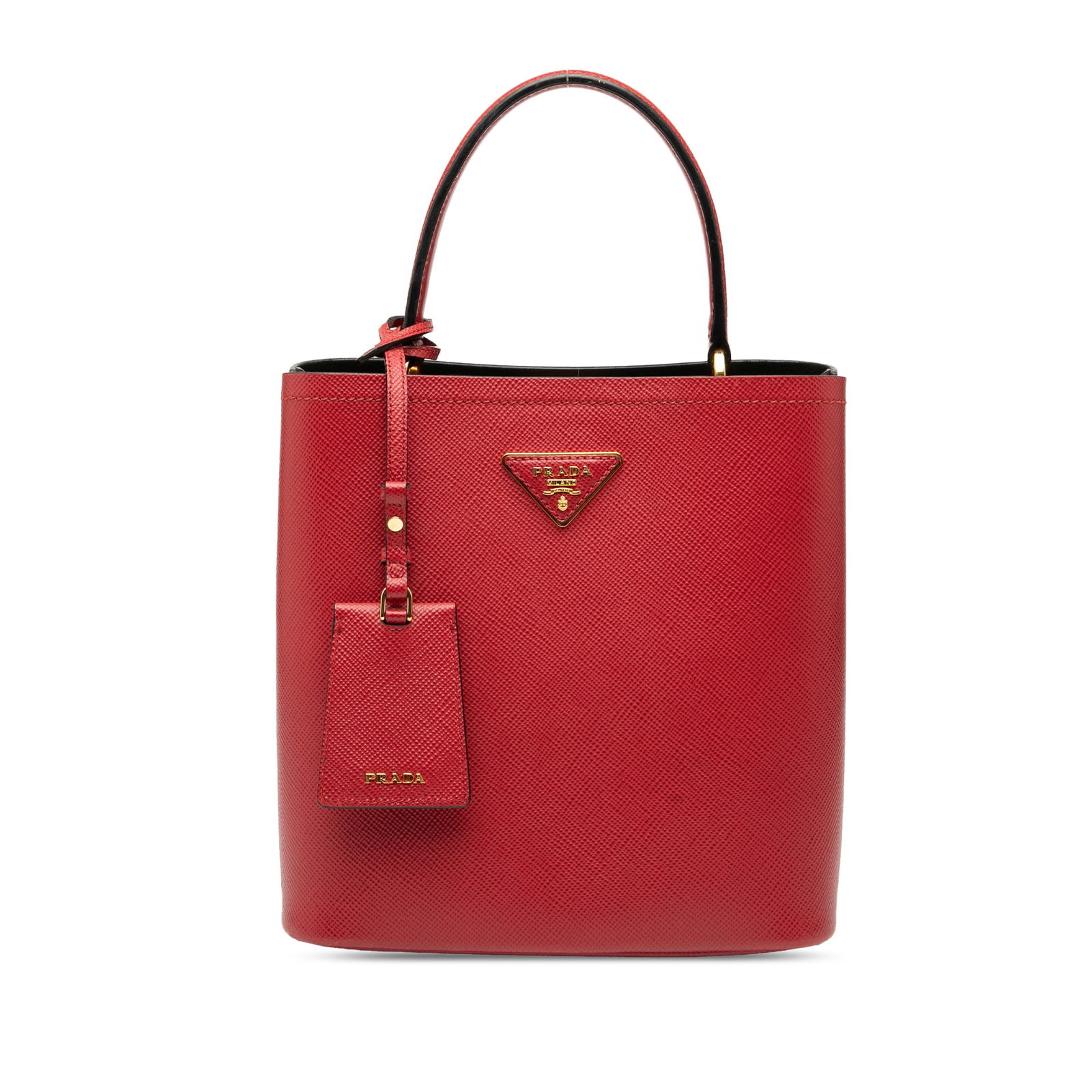 Prada Medium Saffiano Cuir Panier Satchel Red Leather Bag: Prada Medium Saffiano Cuir Panier Satchel Red Leather Bag Introducing the Prada Medium Saffiano Cuir Panier Satchel, a stunning accessory crafted from luxurious saffiano leather in a vibrant red hue.