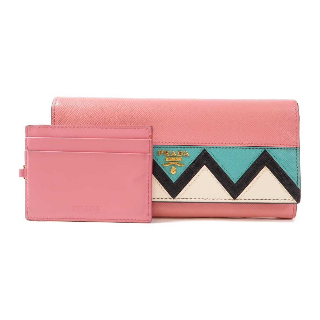PRADA Double Sided Long Wallet 1MH132 Calfskin Pink Multicolor: PRADA Double Sided Long Wallet 1MH132 Calfskin Pink Multicolor This PRADA Double Sided Long Wallet is crafted from luxurious calfskin leather in a vibrant pink and multicolor design. It features a sle