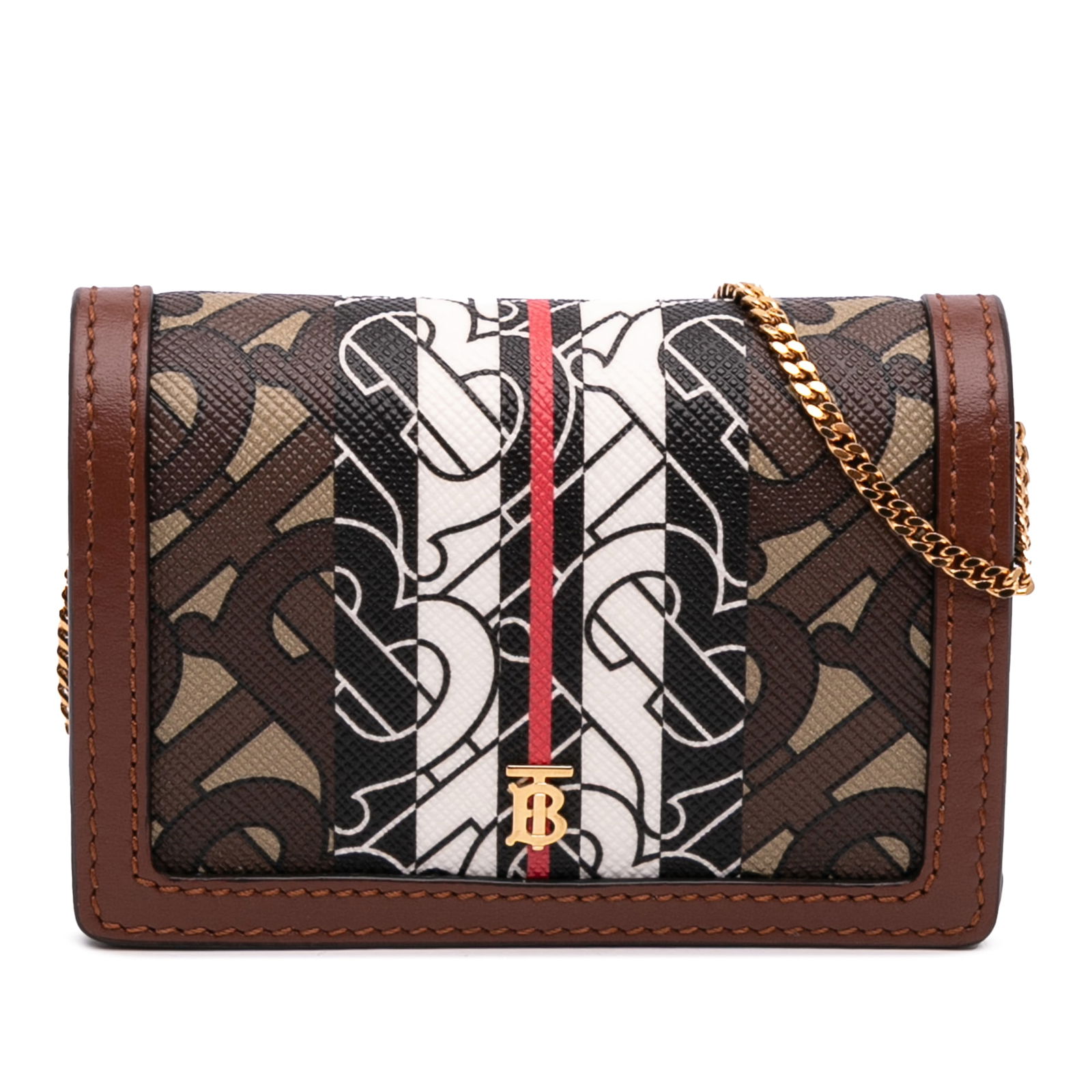 Burberry Monogram Stripe E-Canvas Jessie Wallet On Chain Brown: Burberry Monogram Stripe E-Canvas Jessie Wallet On Chain Brown Introducing the Burberry Monogram Stripe E-Canvas Jessie TB Wallet On Chain, a stylish and functional accessory crafted from coated canva