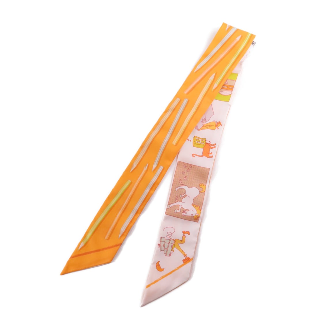 HERMES Twilly Silk Scarf in Vibrant Orange: HERMES Twilly Silk Scarf in Vibrant Orange Elevate your accessory collection with this exquisite HERMES Twilly Scarf. Crafted from luxurious silk, this scarf features a vibrant orange hue that adds a