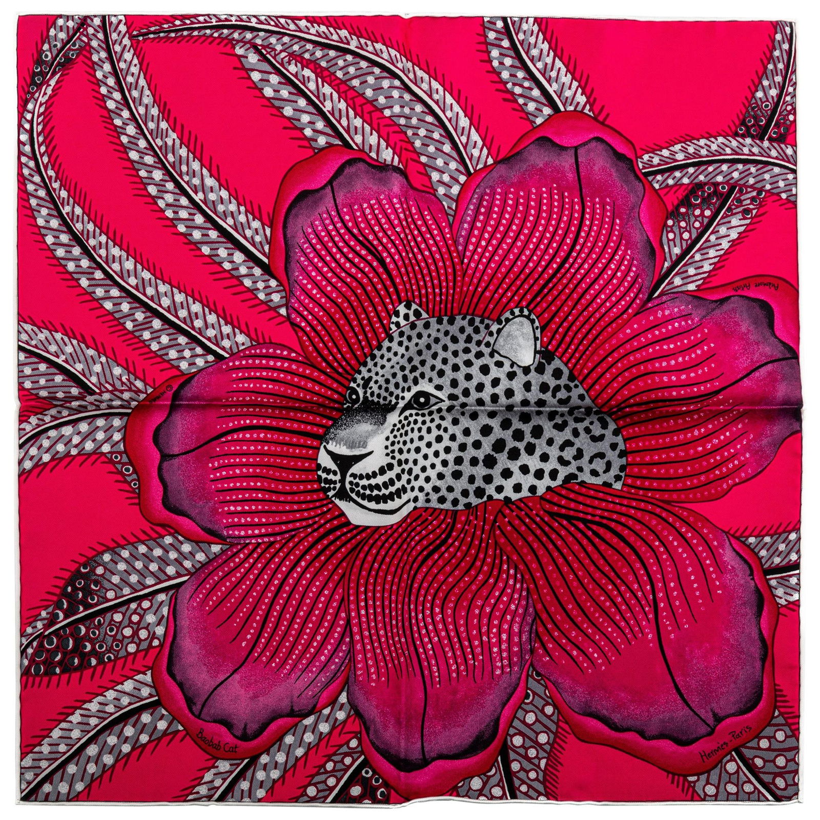Hermes Fuchsia Silk Jaguar Gavroche Scarf New in Box: Hermes Fuchsia Silk Jaguar Gavroche Scarf New in Box Elevate your accessory collection with this exquisite Hermes fuchsia silk Gavroche Jaguar scarf. Crafted from luxurious silk, this piece features a