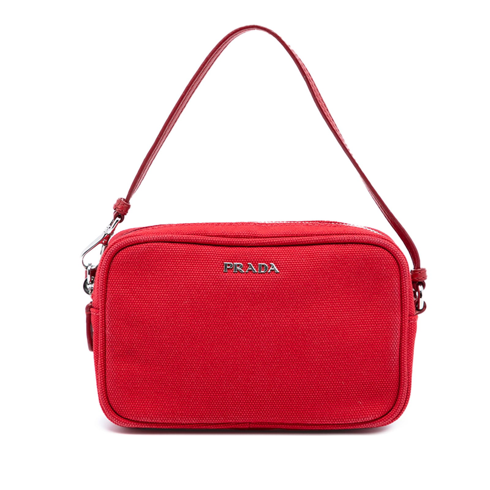 Prada Red Canvas Canapa Pouch with Wrist Strap: Prada Red Canvas Canapa Pouch with Wrist Strap This Prada Canvas Canapa Pouch is a stylish accessory crafted from high-quality fabric. It features a vibrant red canvas body, a flat wrist strap for eas