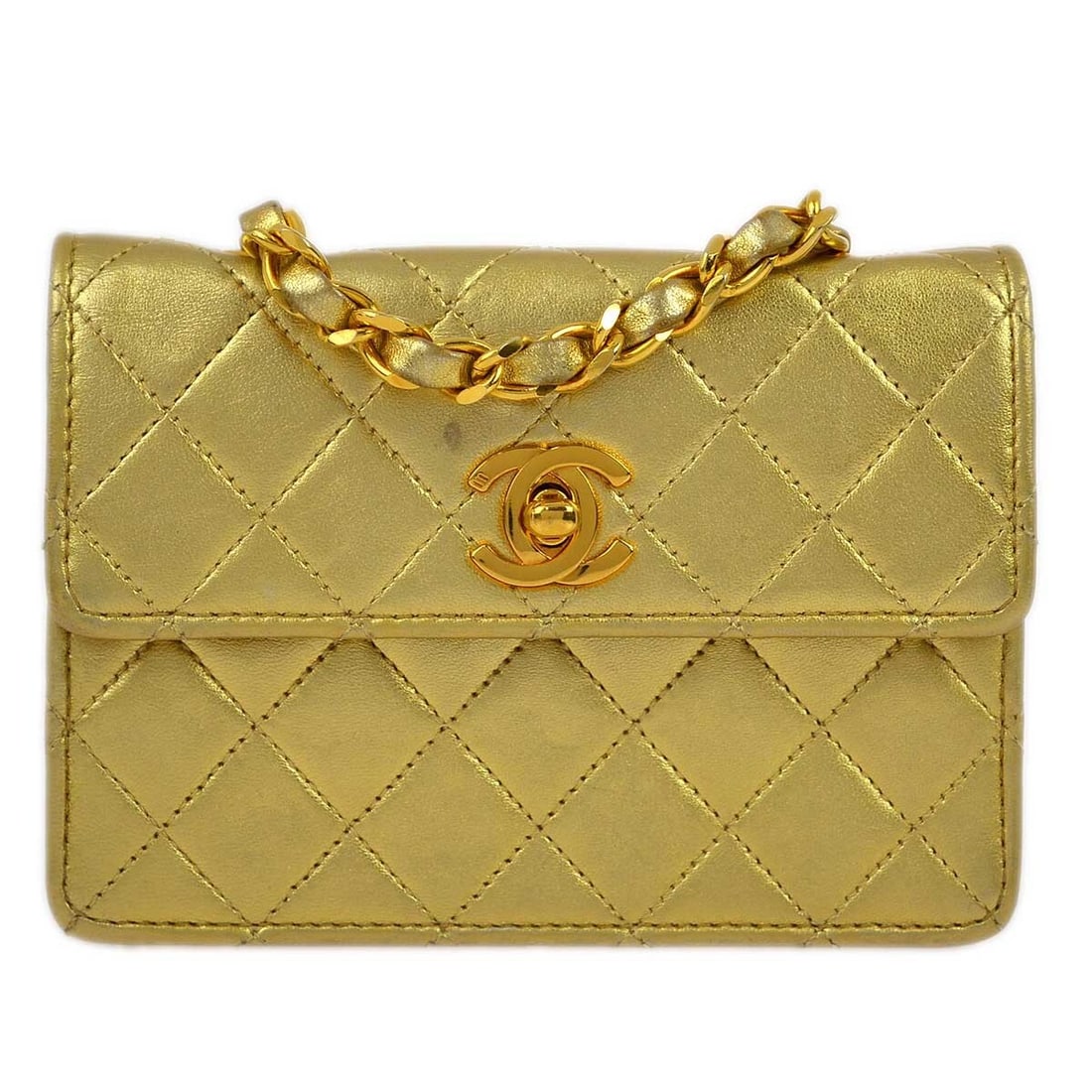 Chanel Classic Gold Lambskin Flap Shoulder Bag with Chain Strap: Chanel Classic Gold Lambskin Flap Shoulder Bag with Chain Strap Elevate your style with this stunning Chanel Gold Lambskin Straight Flap Shoulder Bag. Designed for the modern woman, this medium-sized