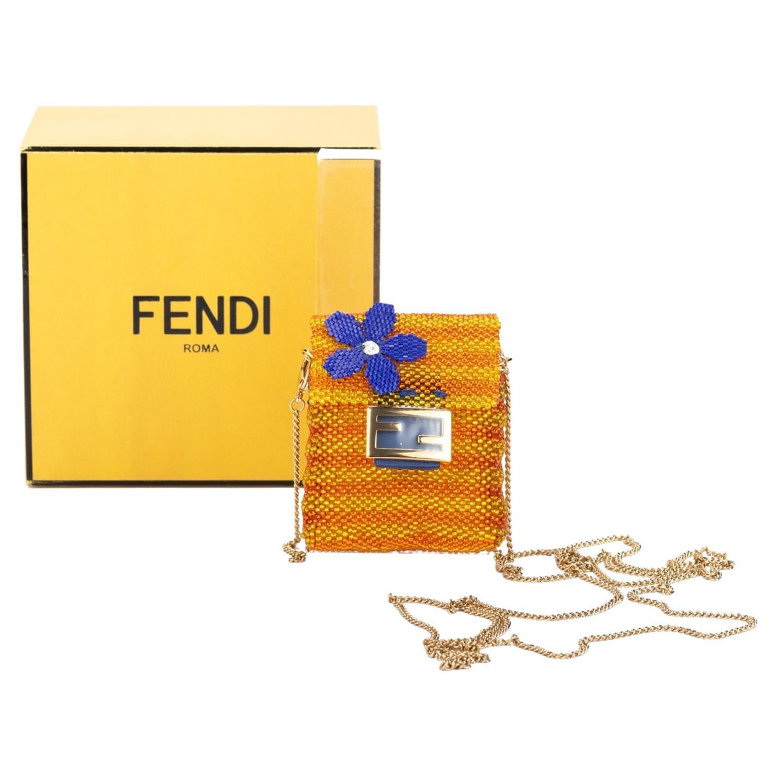 Fendi Pico Baguette NIB Orange Yellow Glass Beads Flower: Fendi Pico Baguette NIB Orange Yellow Glass Beads Flower This exquisite Fendi pico baguette is a stunning accessory crafted from vibrant orange and yellow glass beads, beautifully accented with a purp