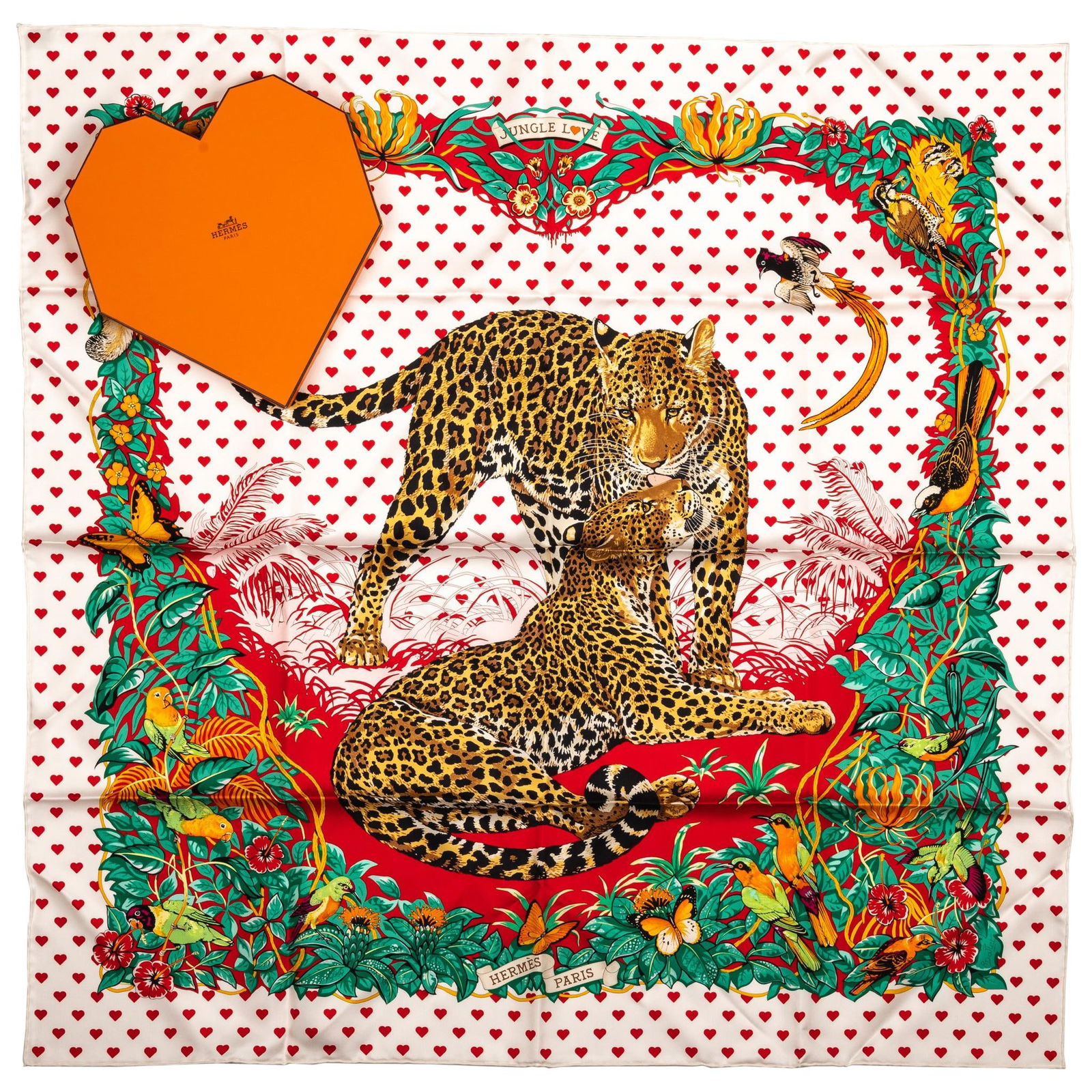 Hermes Limited Edition Jungle Love Hearts Dallet Scarf New in Box: Hermes Limited Edition Jungle Love Hearts Dallet Scarf New in Box Experience the elegance of the Hermes Limited Edition Jungle Love Hearts Dallet Scarf. This exquisite silk scarf features a vibrant he