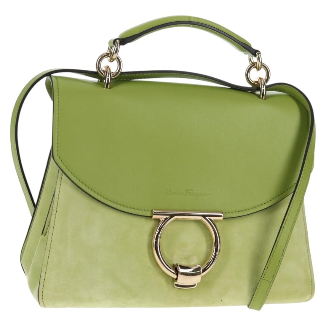 Salvatore Ferragamo Green Gold Suede Hand Bag 2way Auth Italy: Salvatore Ferragamo Green Gold Suede Hand Bag 2way Auth Italy Elevate your accessory collection with this exquisite Salvatore Ferragamo hand bag, crafted from luxurious suede leather. This stylish 2-w
