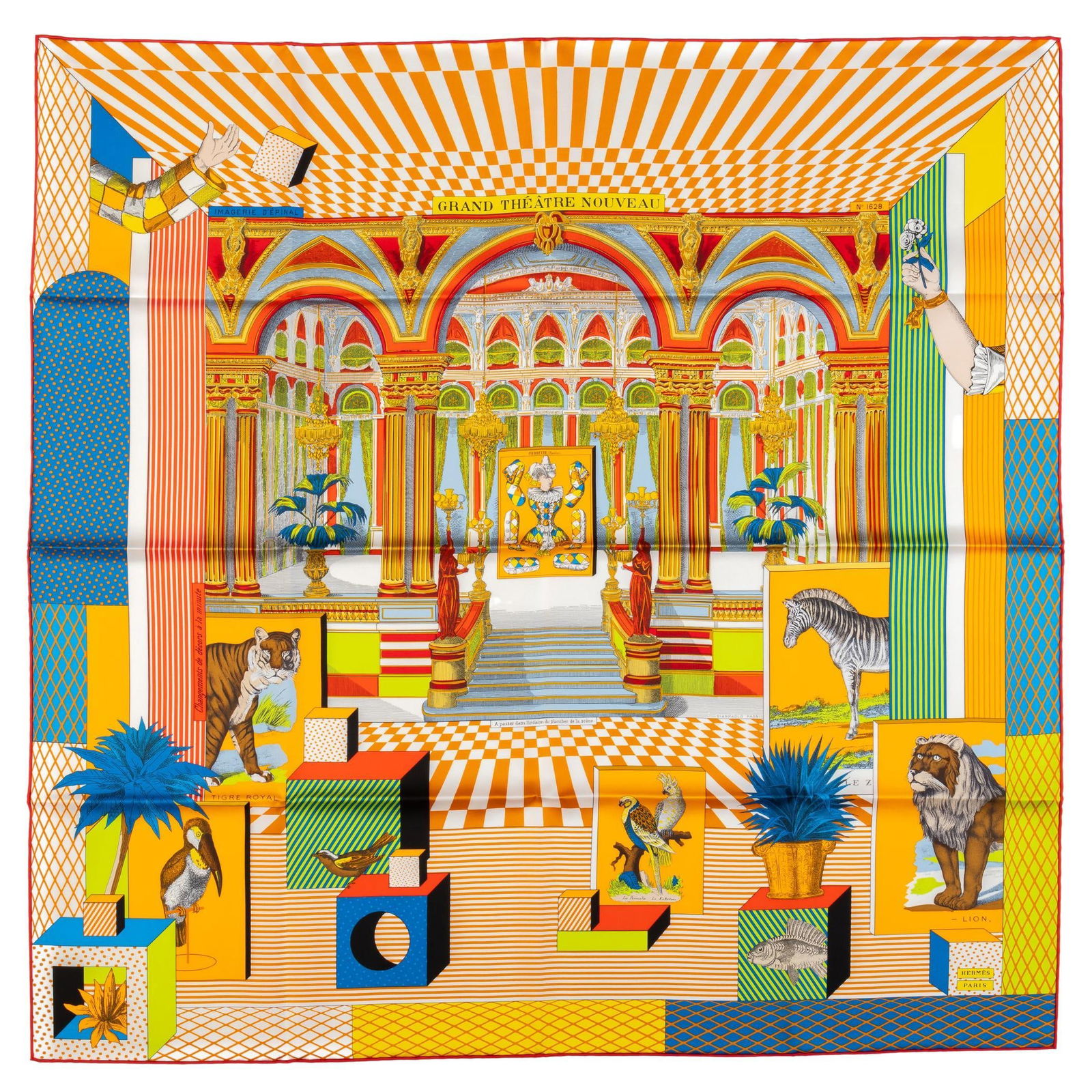 Hermes Grand Theatre Nouveau 35in Yellow Silk Scarf with Box: Hermes Grand Theatre Nouveau 35in Yellow Silk Scarf with Box This exquisite scarf from Hermes, titled "Grand Theatre Nouveau," is a stunning addition to any fashion collection. Crafted from luxurious