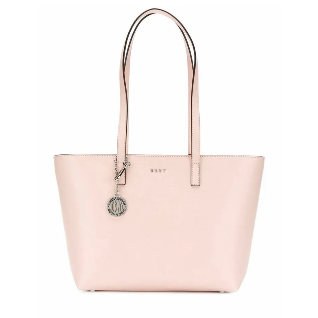 DKNY Pink Tote Bag with Logo Charm and Zip Closure: DKNY Pink Tote Bag with Logo Charm and Zip Closure Elevate your accessory collection with this DKNY Nude Leather Shopper Bag Tote. Designed in a solid pink hue, this medium-sized tote features a zip c