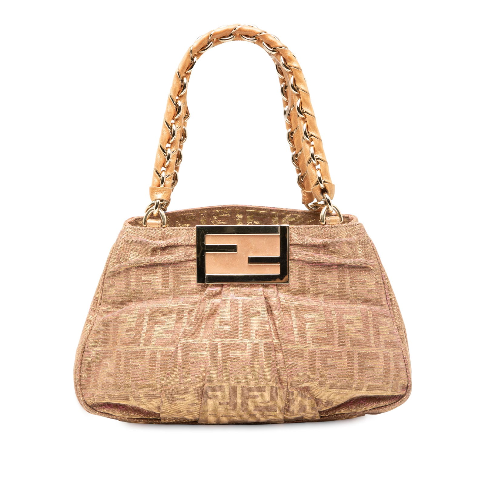 Fendi Small Zucca Metallic Lurex Tote with Chain Handles: Fendi Small Zucca Metallic Lurex Tote with Chain Handles The Fendi Small Zucca Metallic Lurex Mia Chain Tote is a stylish accessory crafted from a metallic polyester body. This tote features braided l