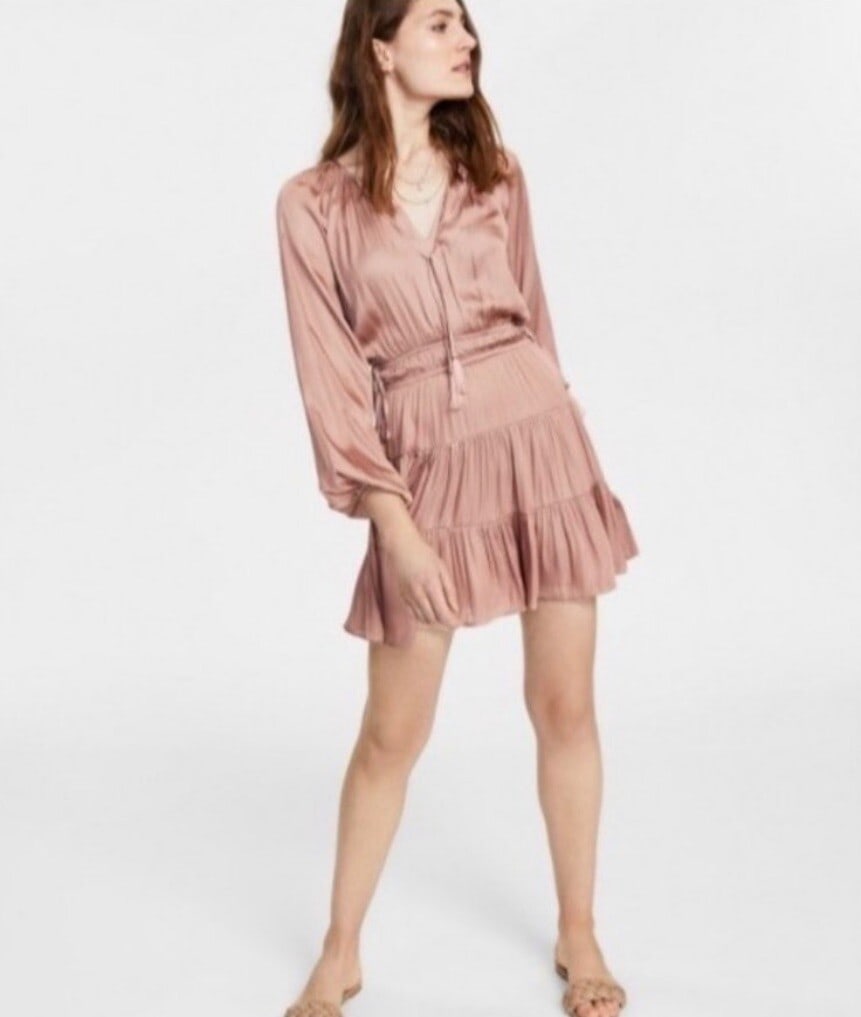 MINKPINK Dusty Nude Peasant Dress with Drawstring Waist and Balloon Sleeves: MINKPINK Dusty Nude Peasant Dress with Drawstring Waist and Balloon Sleeves Introducing a stylish and chic twist on the classic peasant dress, this MINKPINK Women's Drawstring Waist Peasant Long Sleev