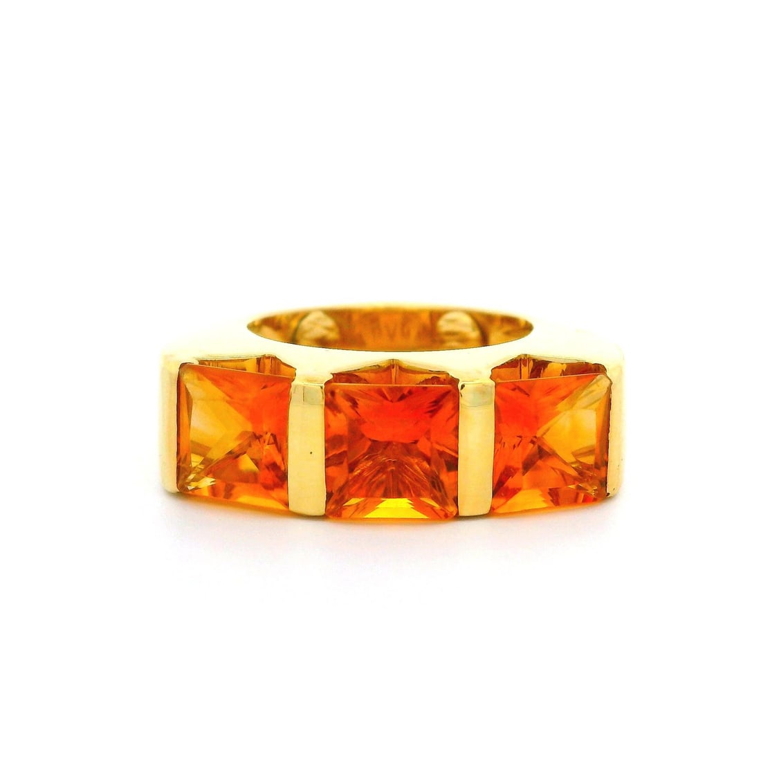 18k Yellow Gold Citrine Band Ring 3 Square Step Cut 7mm: 18k Yellow Gold Citrine Band Ring 3 Square Step Cut 7mm This stunning 18k yellow gold band ring features a substantial design with three natural genuine citrine stones. Each square step cut citrine sh