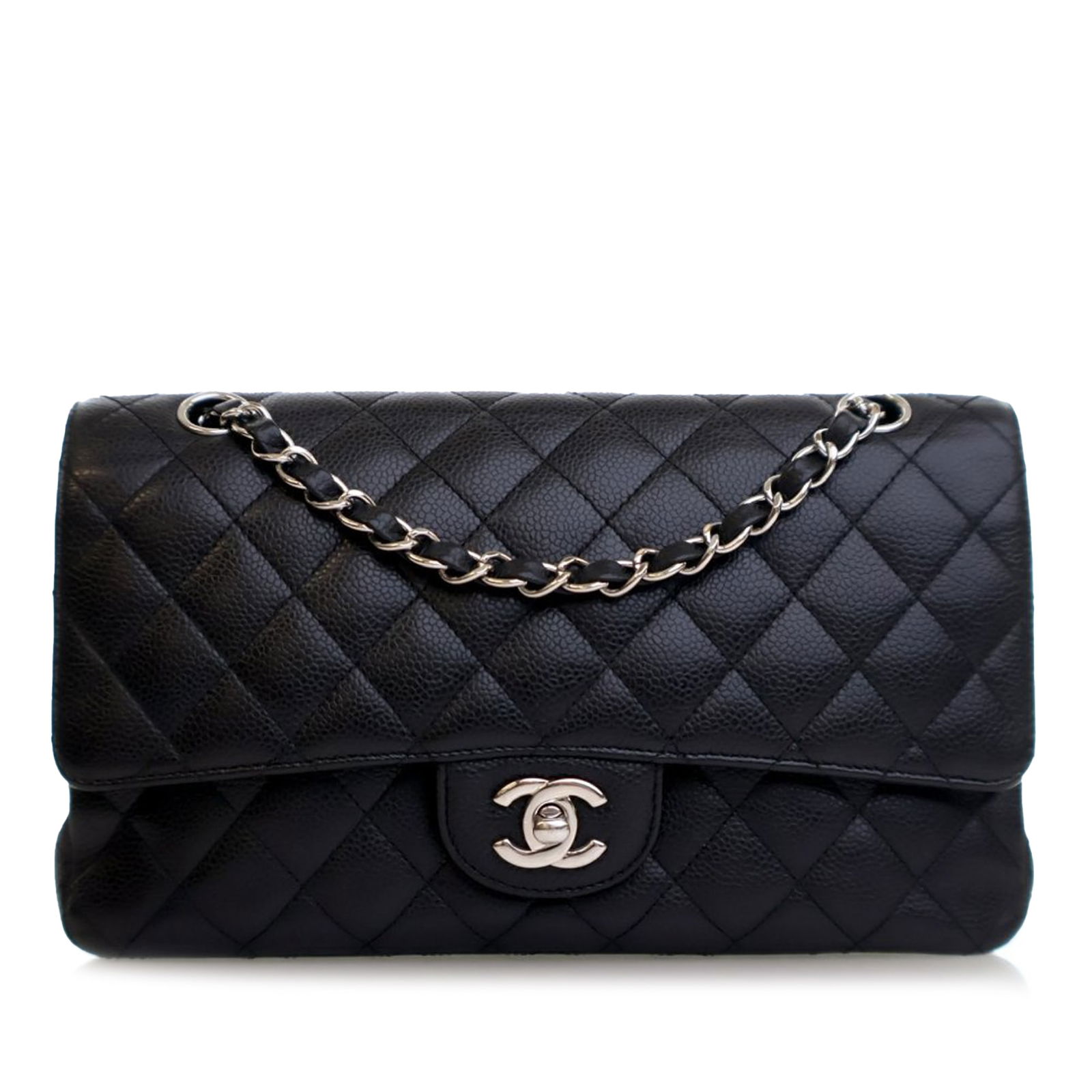 Chanel Medium Classic Caviar Double Flap Black Leather Shoulder Bag: Chanel Medium Classic Caviar Double Flap Black Leather Shoulder Bag This Chanel Medium Classic Caviar Double Flap shoulder bag is a timeless accessory crafted from luxurious quilted caviar leather. It