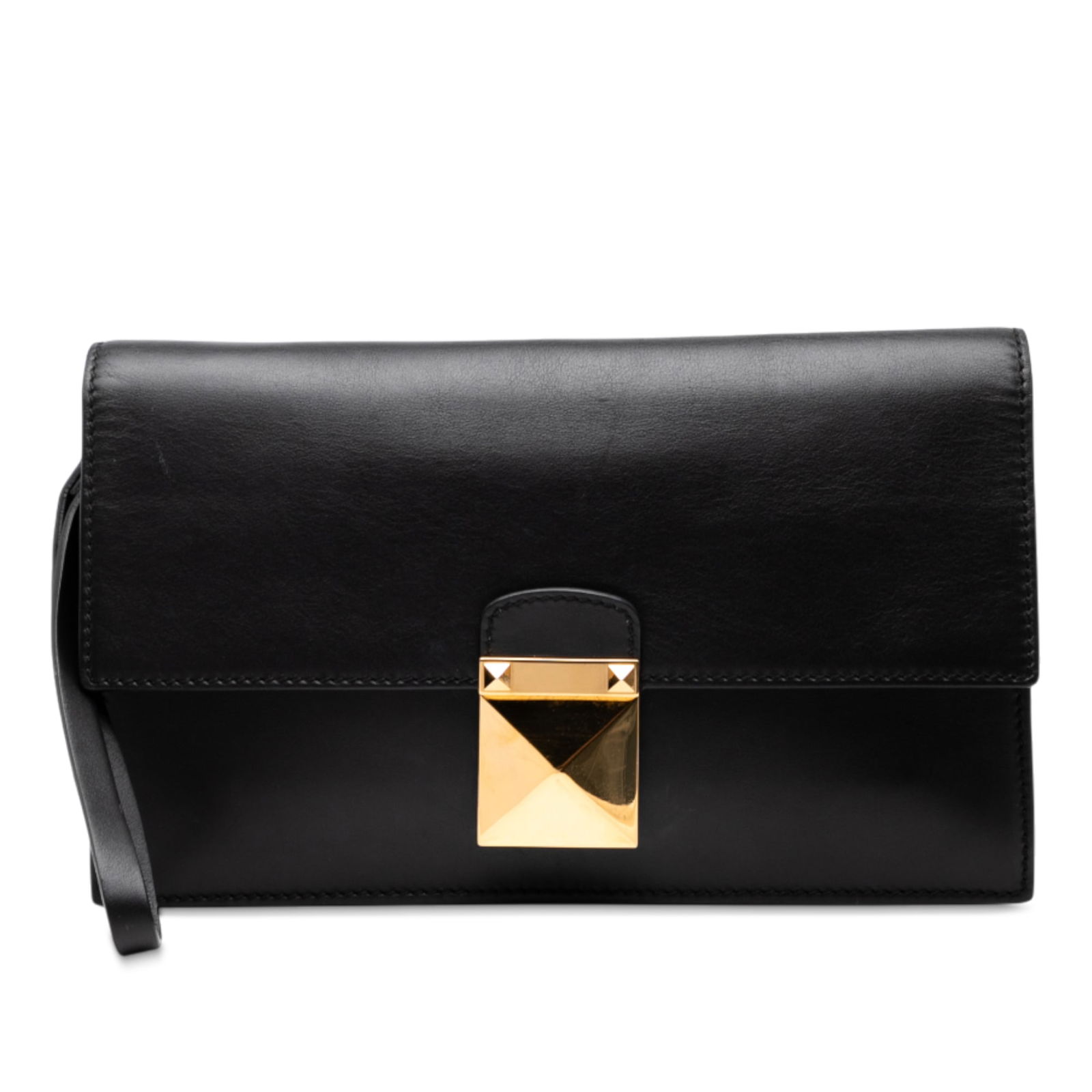 Valentino Black Calfskin Rockstud Wristlet Clutch Bag: Valentino Black Calfskin Rockstud Wristlet Clutch Bag This Valentino Calfskin Rockstud Wristlet Clutch is an elegant accessory crafted from high-quality leather. It showcases distinctive rockstud embe