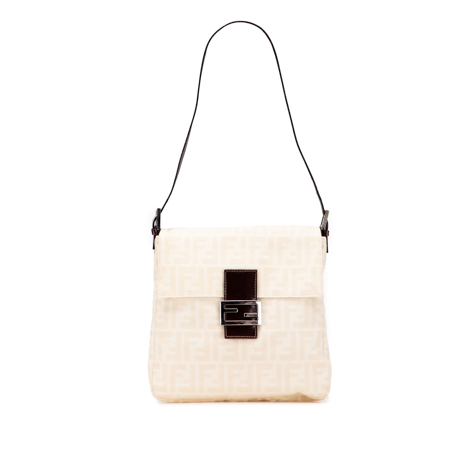 Fendi Zucca Canvas Shoulder Bag with Adjustable Strap: Fendi Zucca Canvas Shoulder Bag with Adjustable Strap The Fendi Zucca Canvas Shoulder Bag is a stylish accessory crafted from durable canvas, featuring a chic brown color. This bag showcases an adjust