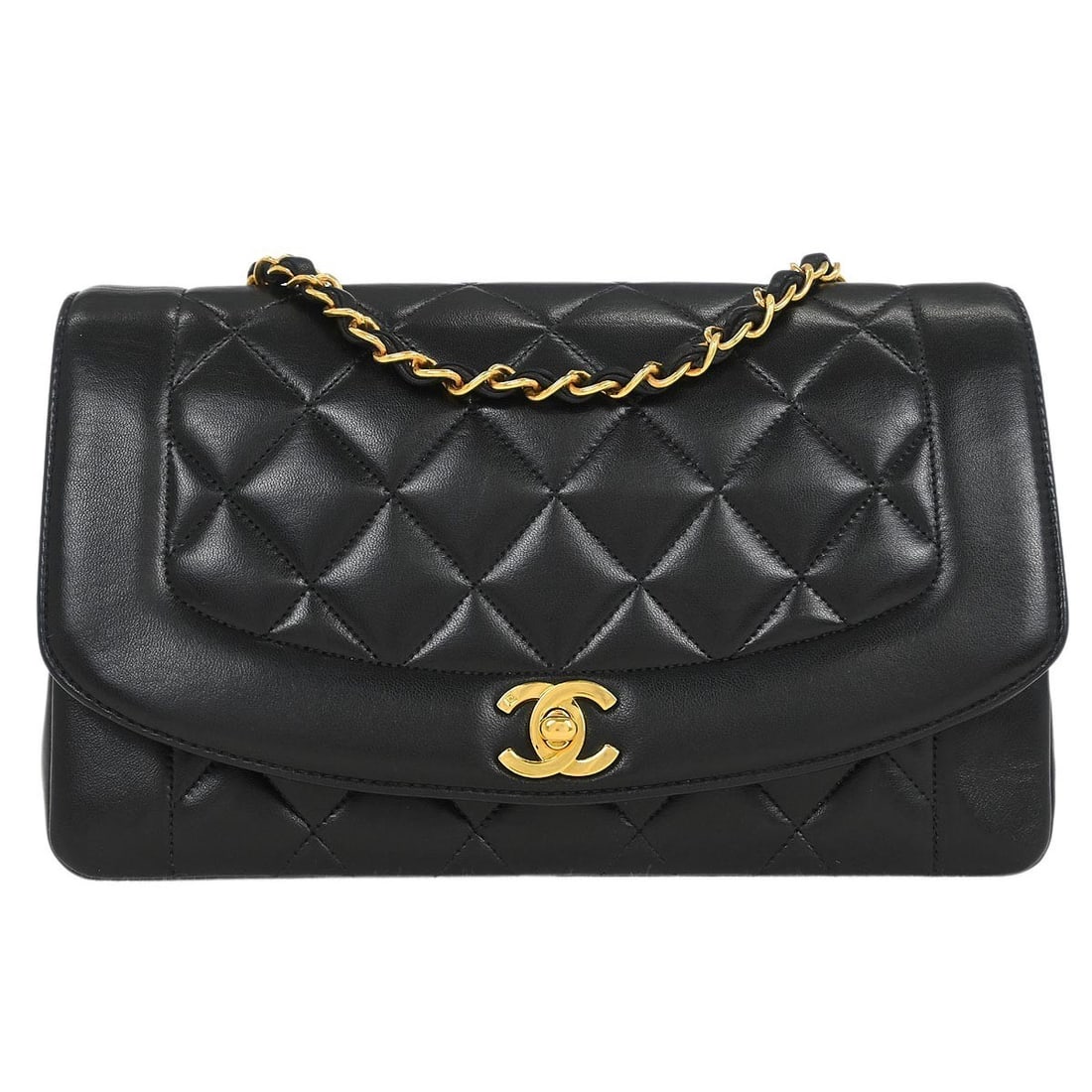 Chanel Black Lambskin Medium Diana Shoulder Bag with Chain Strap: Chanel Black Lambskin Medium Diana Shoulder Bag with Chain Strap The Chanel Black Lambskin Medium Diana Shoulder Bag is a stylish accessory designed for casual occasions. This medium-sized shoulder ba