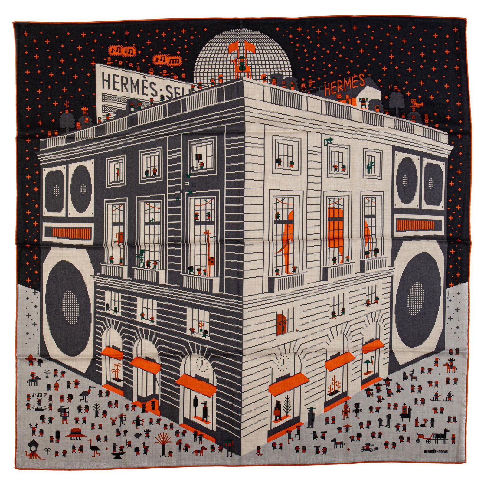 Hermes Faubourg Party Cashmere Silk Scarf 40in x 40in France: Hermes Faubourg Party Cashmere Silk Scarf 40in x 40in France Indulge in luxury with the Hermes Faubourg Party Cashmere Scarf. Crafted from a sumptuous blend of cashmere and silk, this large scarf meas