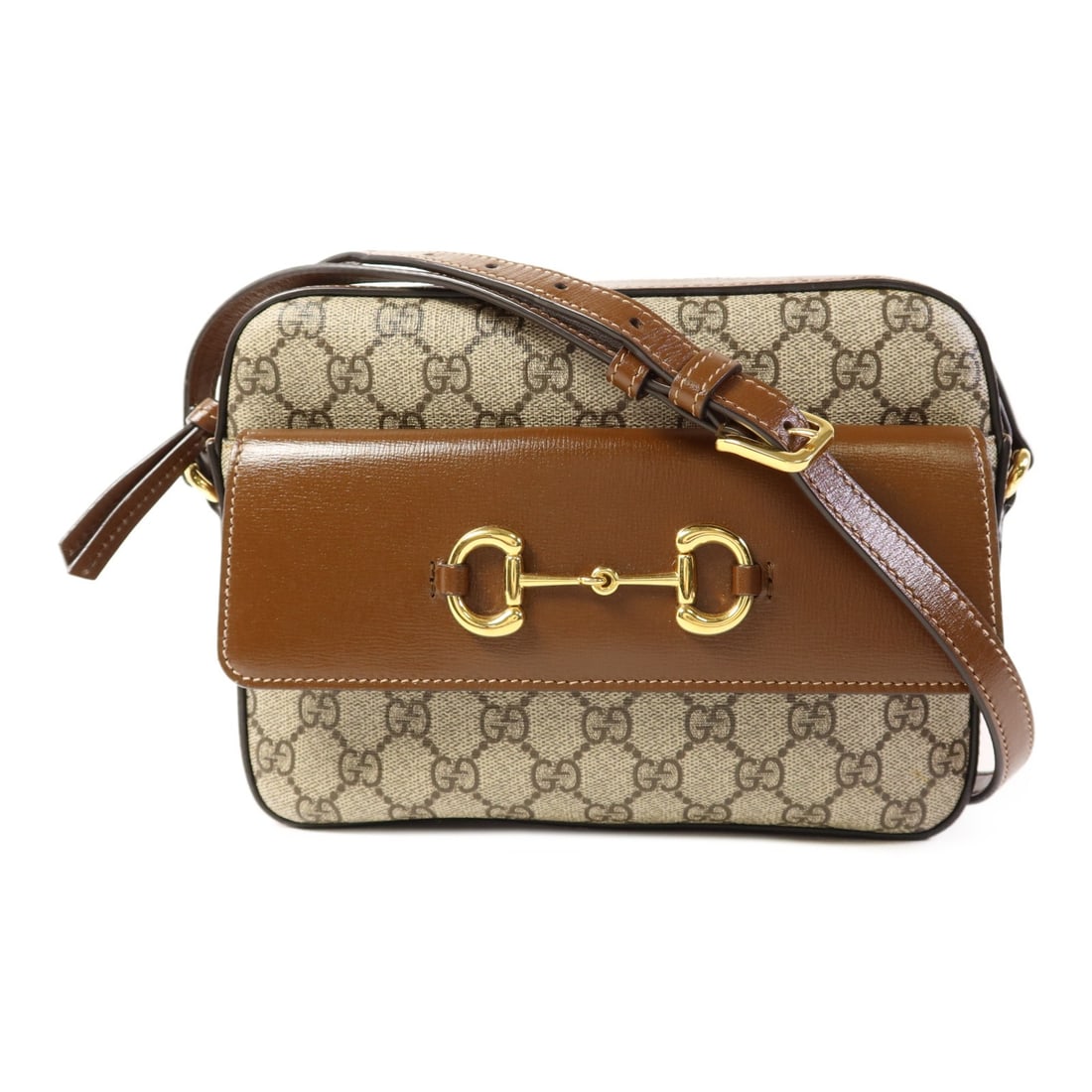 GUCCI Horsebit 1955 Small Shoulder Bag PVC Coated Canvas Brown: GUCCI Horsebit 1955 Small Shoulder Bag PVC Coated Canvas Brown This exquisite Gucci GG Horsebit 1955 Small Shoulder Bag is crafted from durable PVC coated canvas in a rich brown color. The bag feature