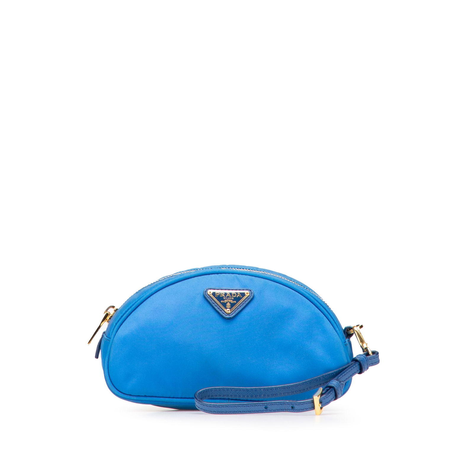 Prada Tessuto Pouch Blue Nylon with Leather Strap: Prada Tessuto Pouch Blue Nylon with Leather Strap This Prada Tessuto Pouch is crafted from durable nylon, featuring a stylish flat leather wrist strap and a secure top zip closure. The interior includ