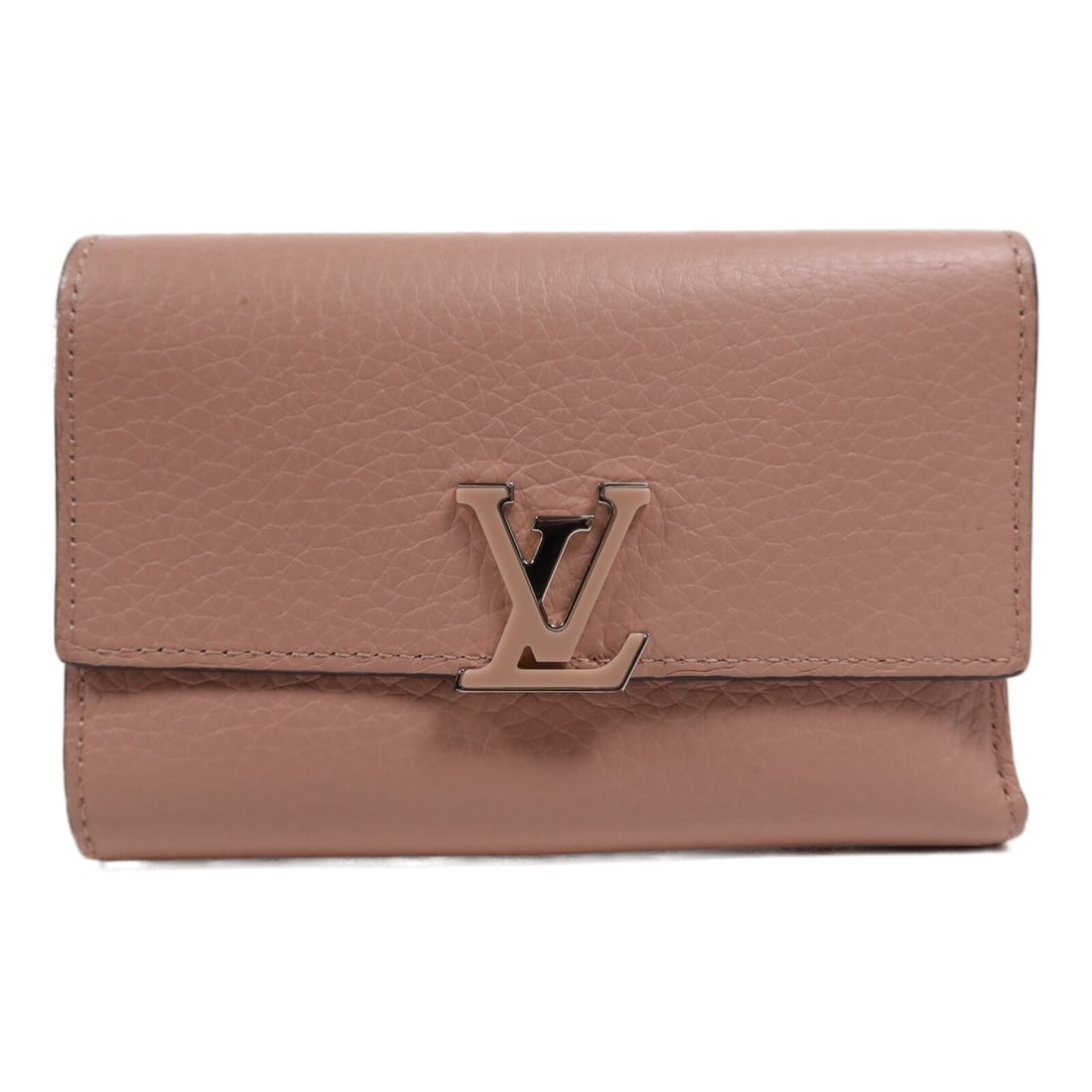 LOUIS VUITTON Capucines Compact Wallet M62156 Pink Calfskin: LOUIS VUITTON Capucines Compact Wallet M62156 Pink Calfskin Discover the elegance of the Louis Vuitton Capucines Compact Wallet, expertly crafted from premium calfskin leather in a delightful shade of