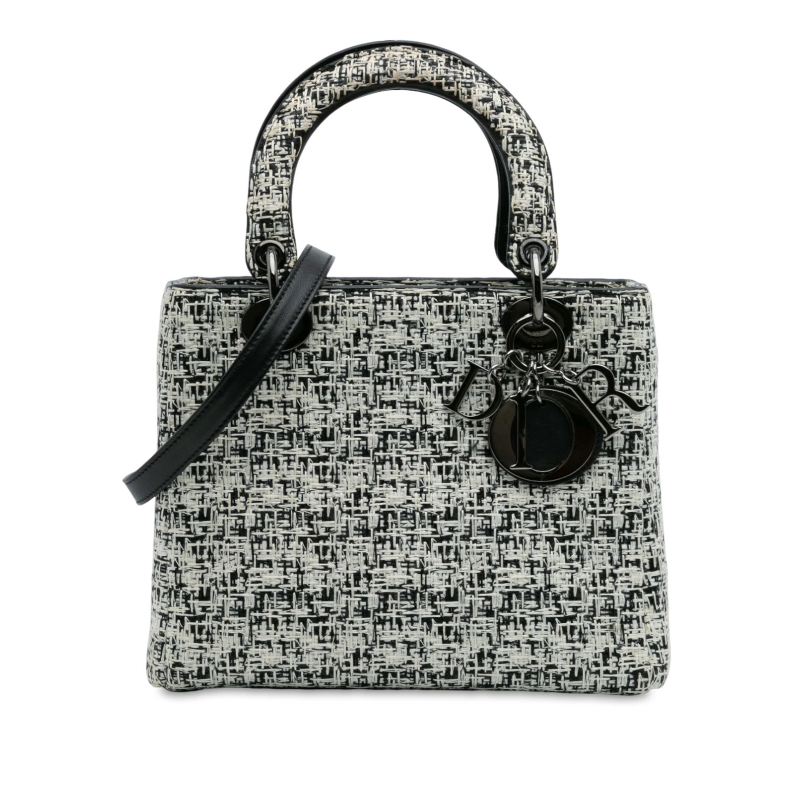 Dior Medium Tweed Lady Dior Bag White Fabric: Dior Medium Tweed Lady Dior Bag White Fabric This Medium Tweed Lady Dior bag is a stylish accessory made from a luxurious tweed fabric. It features flat leather handles and a detachable flat leather s