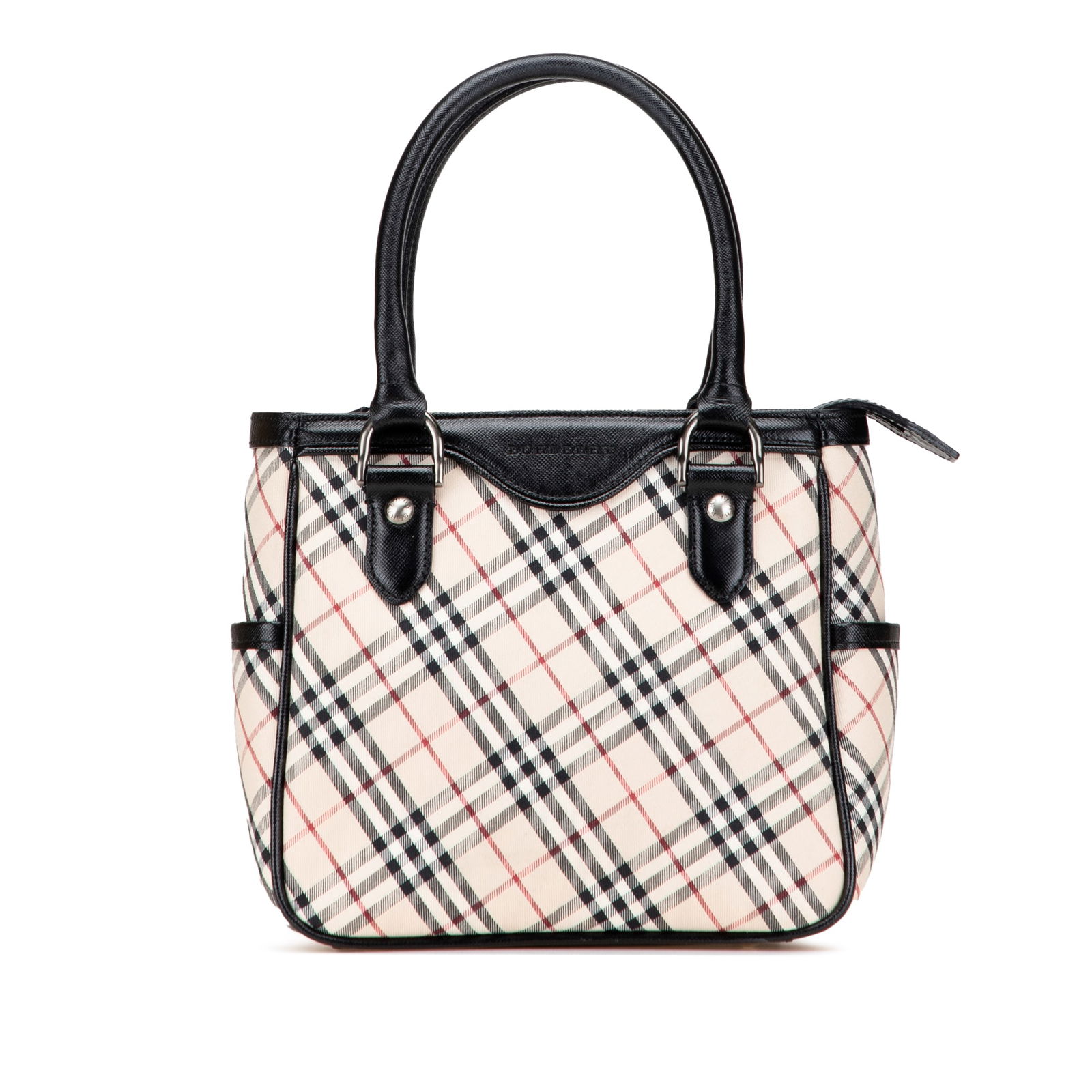 Burberry Nova Check Canvas Handbag with Leather Trim: Burberry Nova Check Canvas Handbag with Leather Trim This Burberry Nova Check Canvas Handbag showcases a stylish nova check canvas body complemented by leather trim. It features rolled leather handles