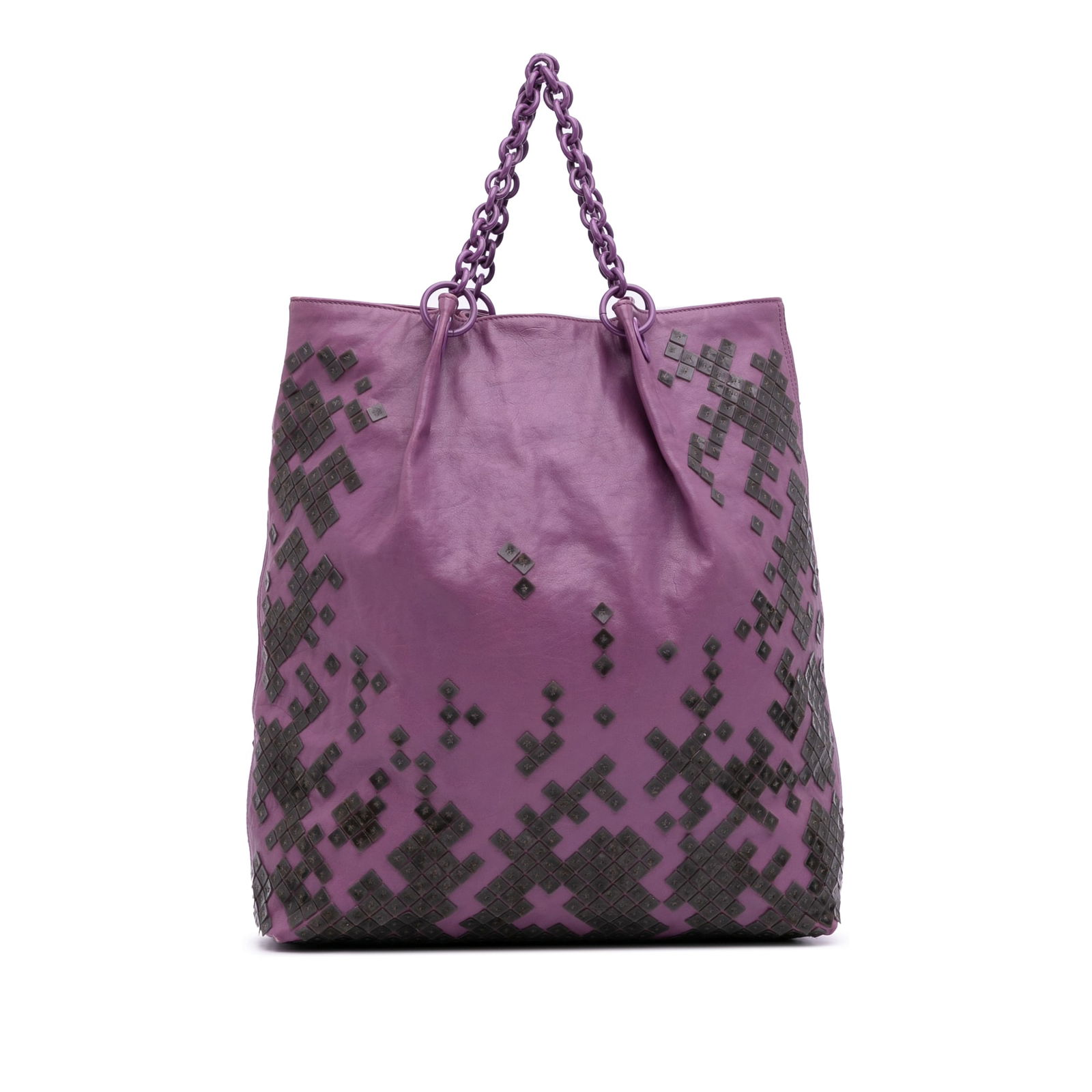 Bottega Veneta Vitello Mosaico Laque Tote Purple Leather Bag: Bottega Veneta Vitello Mosaico Laque Tote Purple Leather Bag The Bottega Veneta Vitello Mosaico Laque Tote is a luxurious handbag that showcases a stunning purple leather body adorned with sequins emb
