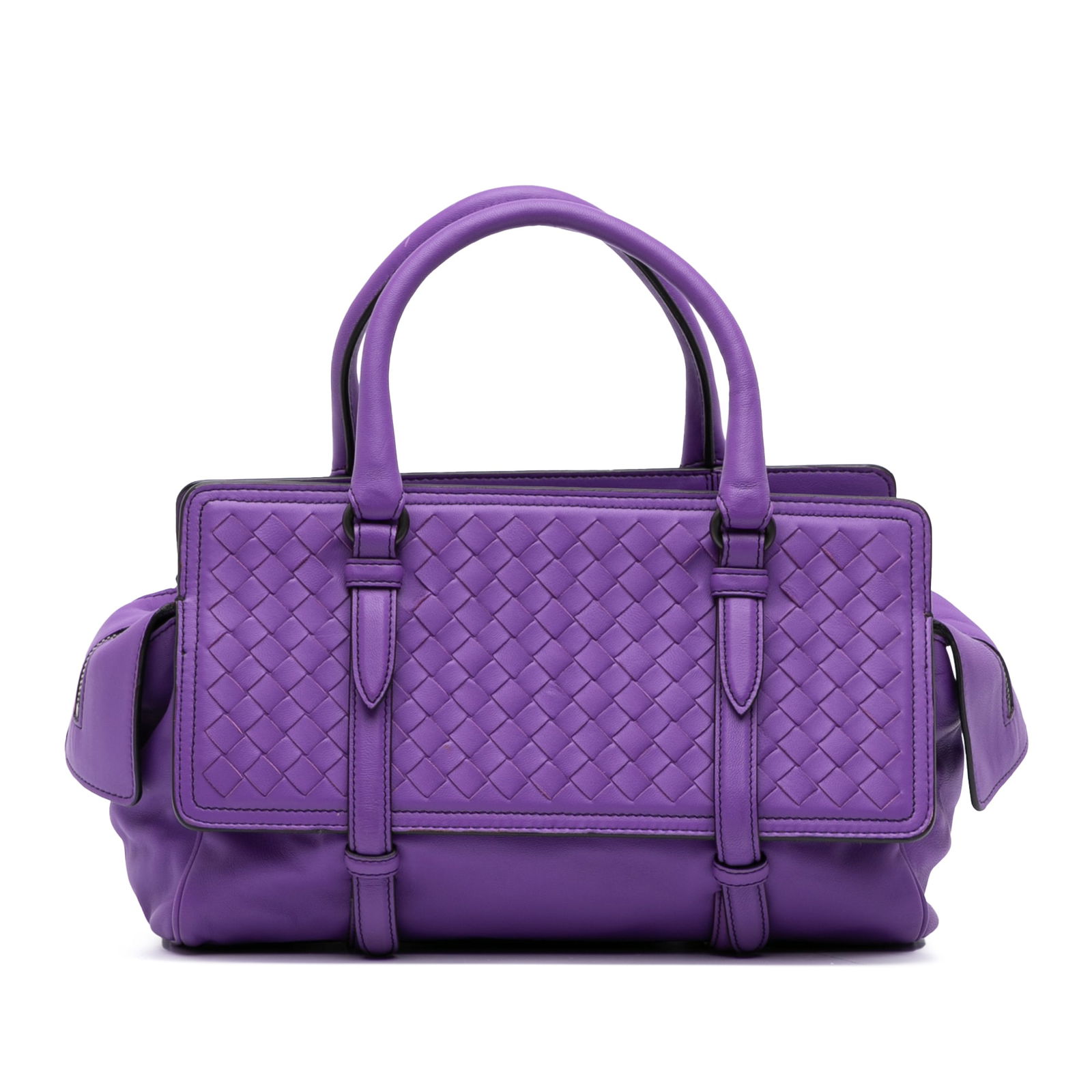 Bottega Veneta Purple Small Nappa Intrecciato Monaco Satchel: Bottega Veneta Purple Small Nappa Intrecciato Monaco Satchel The Bottega Veneta Small Nappa Intrecciato Monaco Satchel is a stylish accessory crafted from high-quality leather. This exquisite satchel