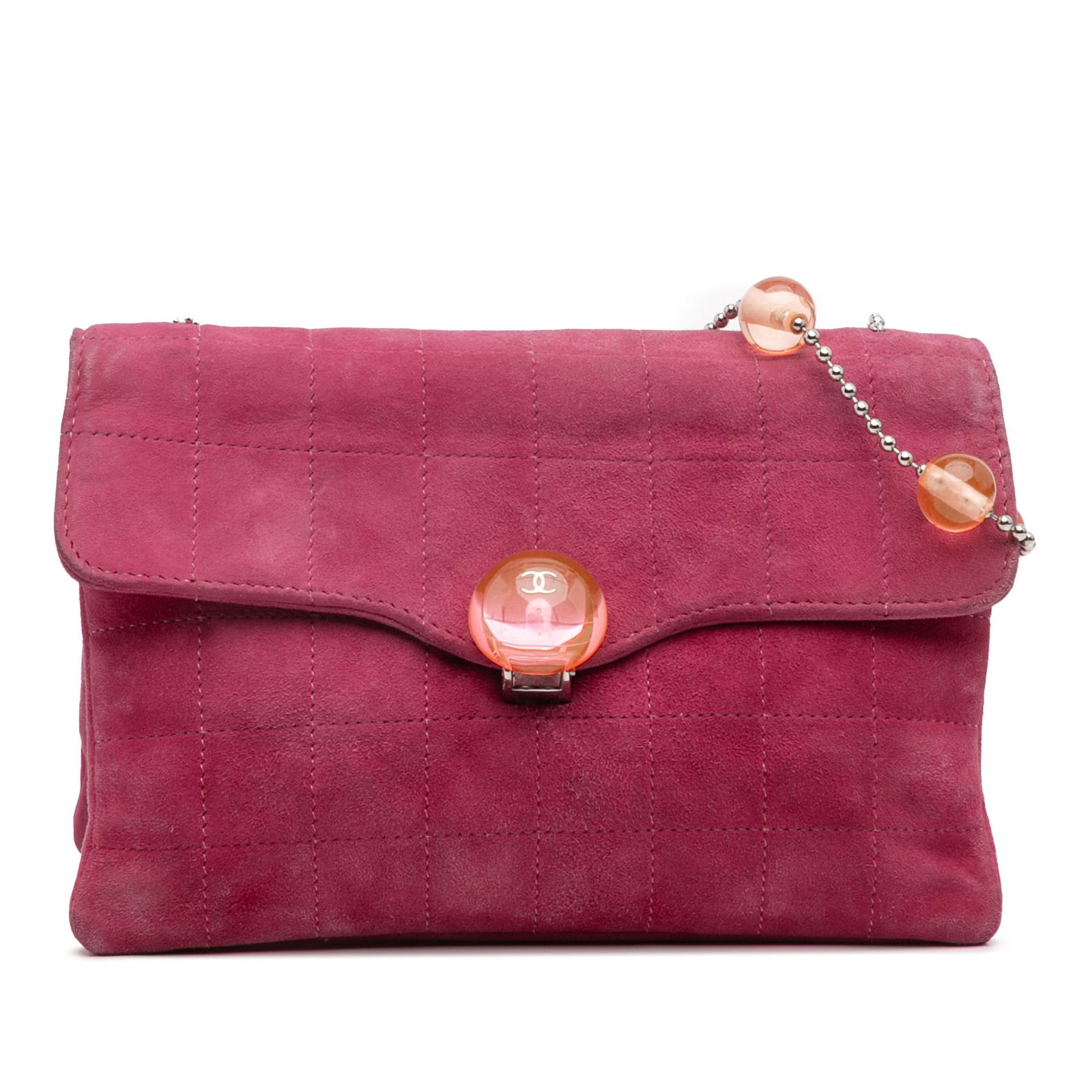 Chanel CC Choco Bar Pink Suede Beaded Chain Flap Bag: Chanel CC Choco Bar Pink Suede Beaded Chain Flap Bag This stunning Chanel CC Choco Bar shoulder bag is crafted from soft suede and features a stylish beaded chain strap. The bag includes a front flap