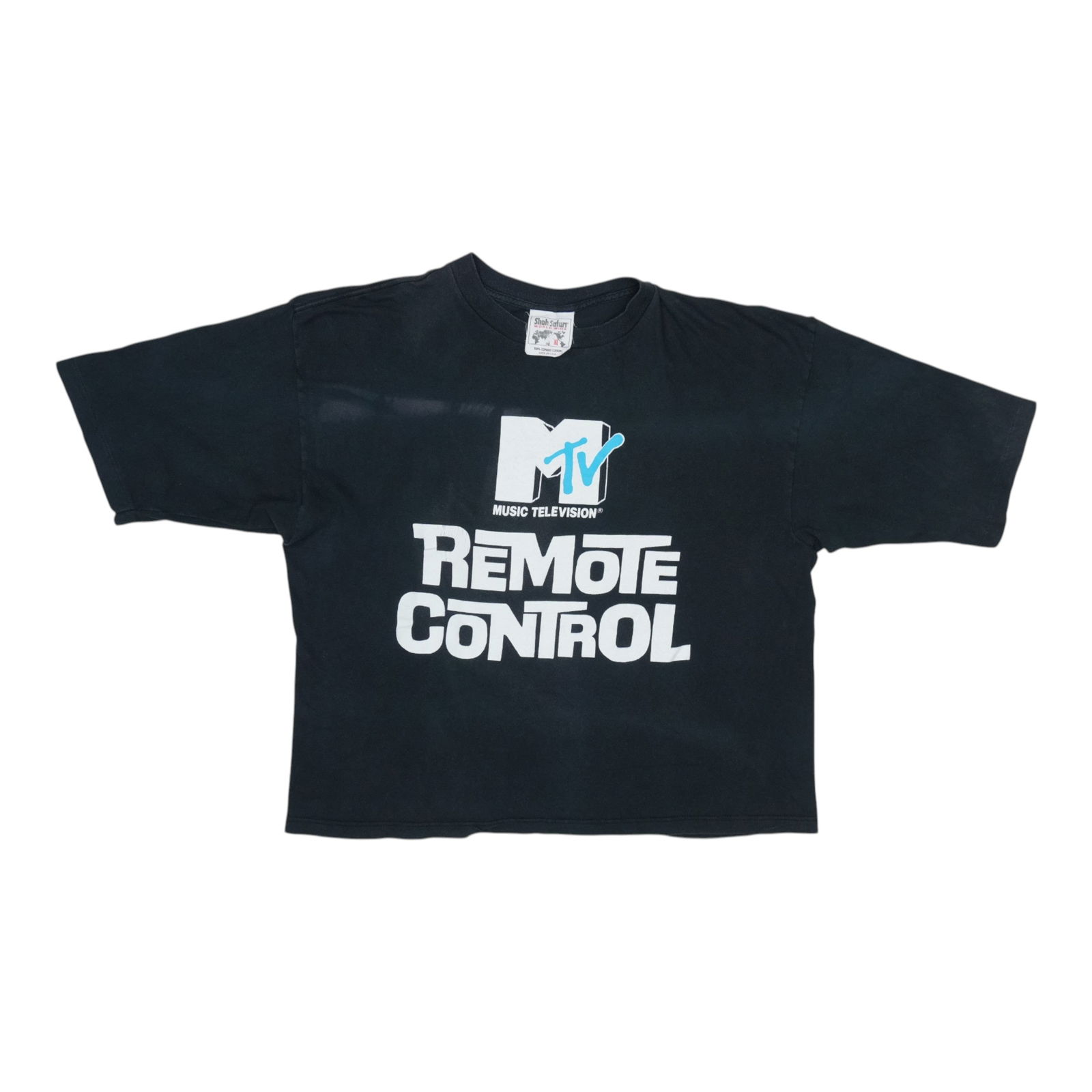 1990s Vintage MTV Remote Control Crop Shirt Black Cotton: 1990s Vintage MTV Remote Control Crop Shirt Black Cotton Step back into the vibrant 1990s with this original vintage MTV Remote Control Crop Shirt. A genuine piece of nostalgia, this shirt features st